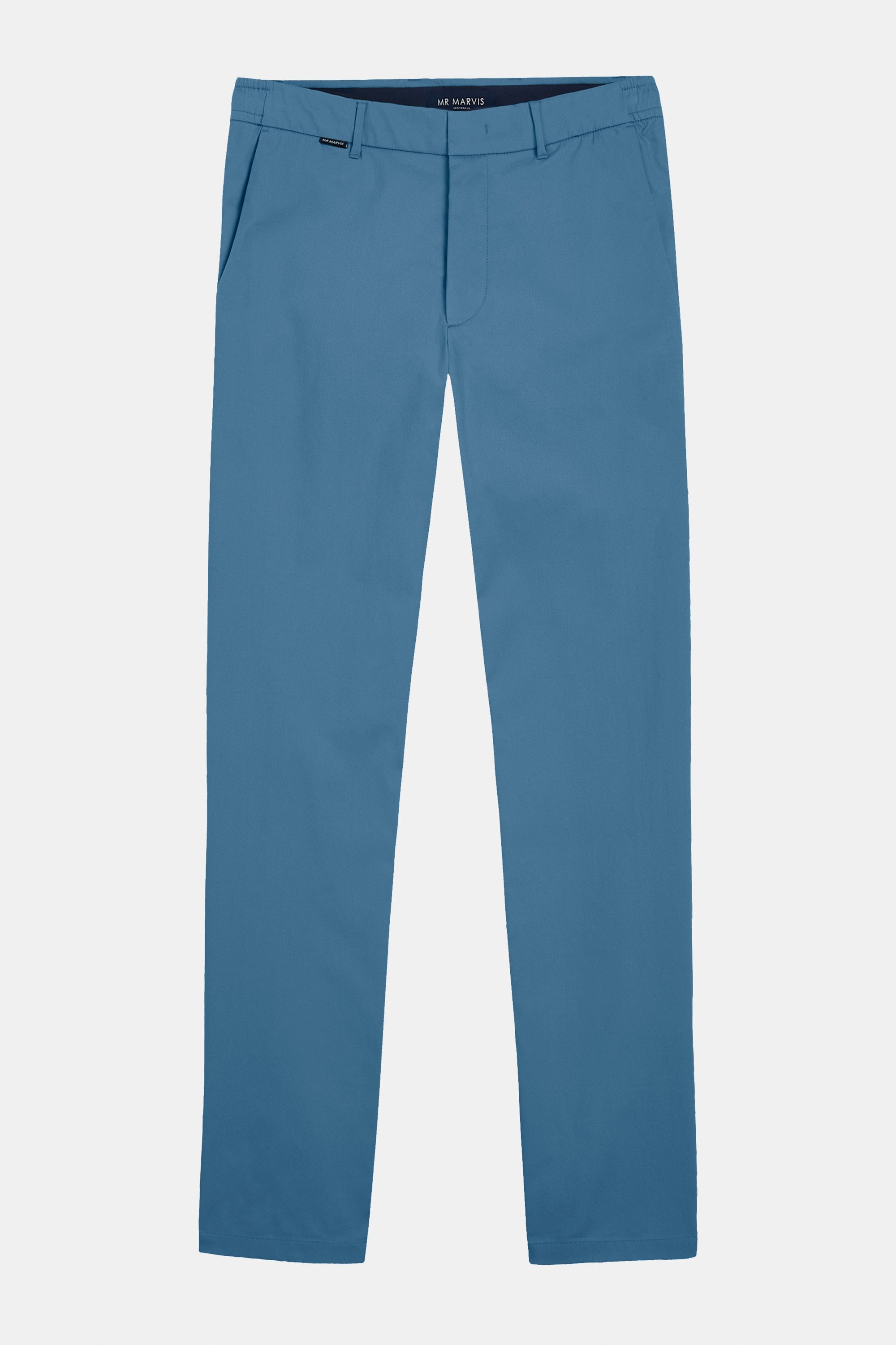 Mens stretchy and water resistant chinos with tapered fit in blue
