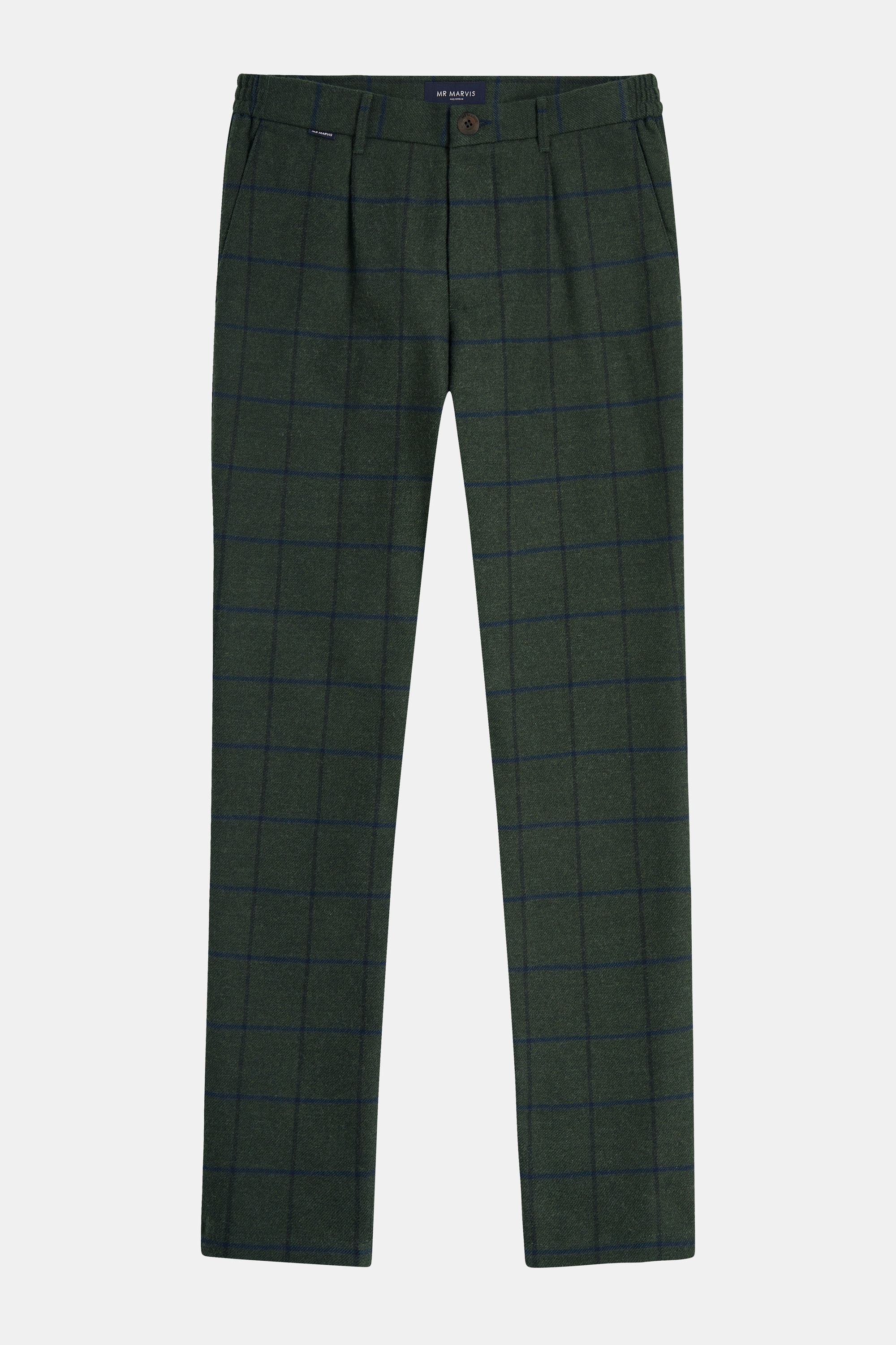 Pantalones de franela elegantes para hombre con corte cónico en verde oscuro con cuadros ventana