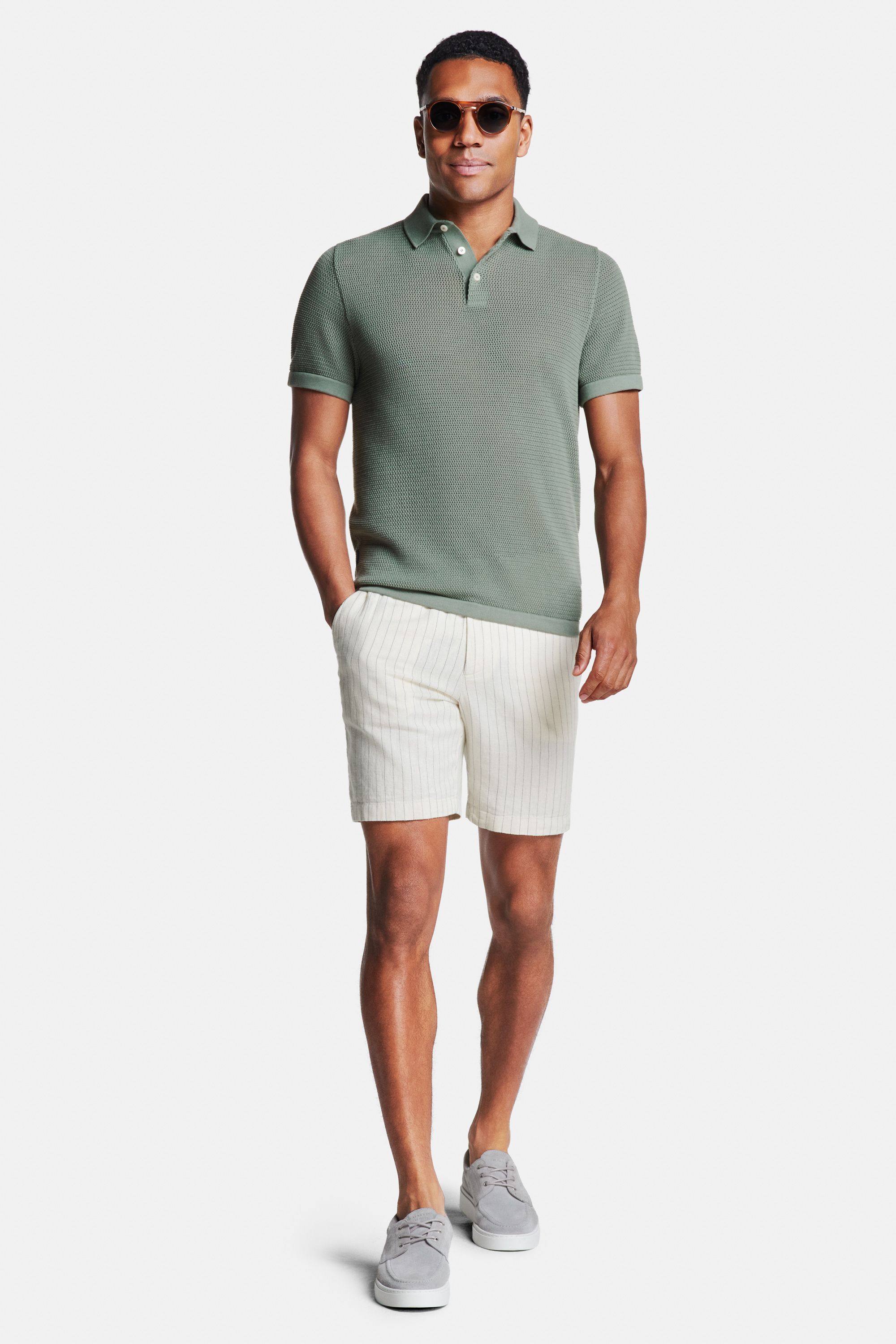 Defenders * The Airy Knit Polo, Coconuts Pinstripe * The Short Linens, Oysters * The Boat Sneakers
