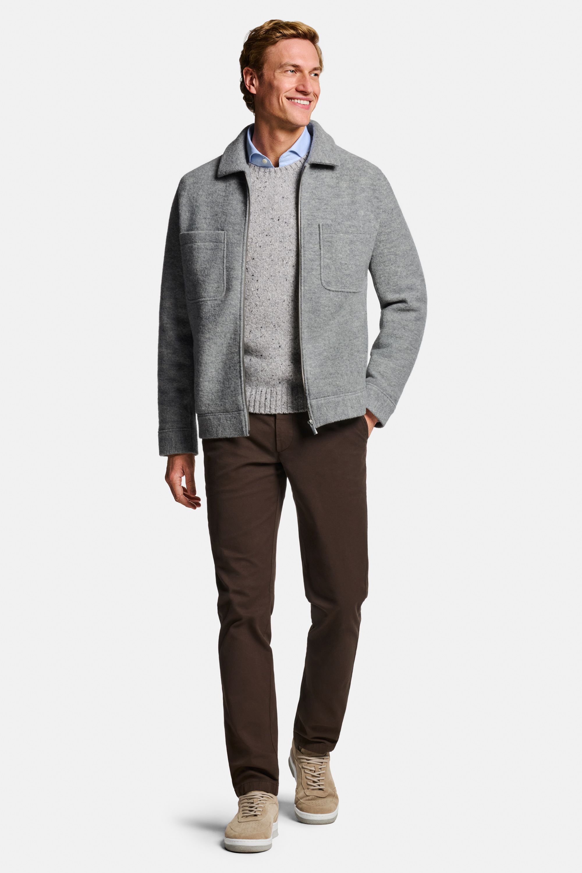 Kensingtons * The Smart Shirt, Oysters * The Wool Zip Shacket, Oysters Donegal * The Wool Pullover, Night Foxes * The Coolerdays, Baristas * The Suede Sneakers
