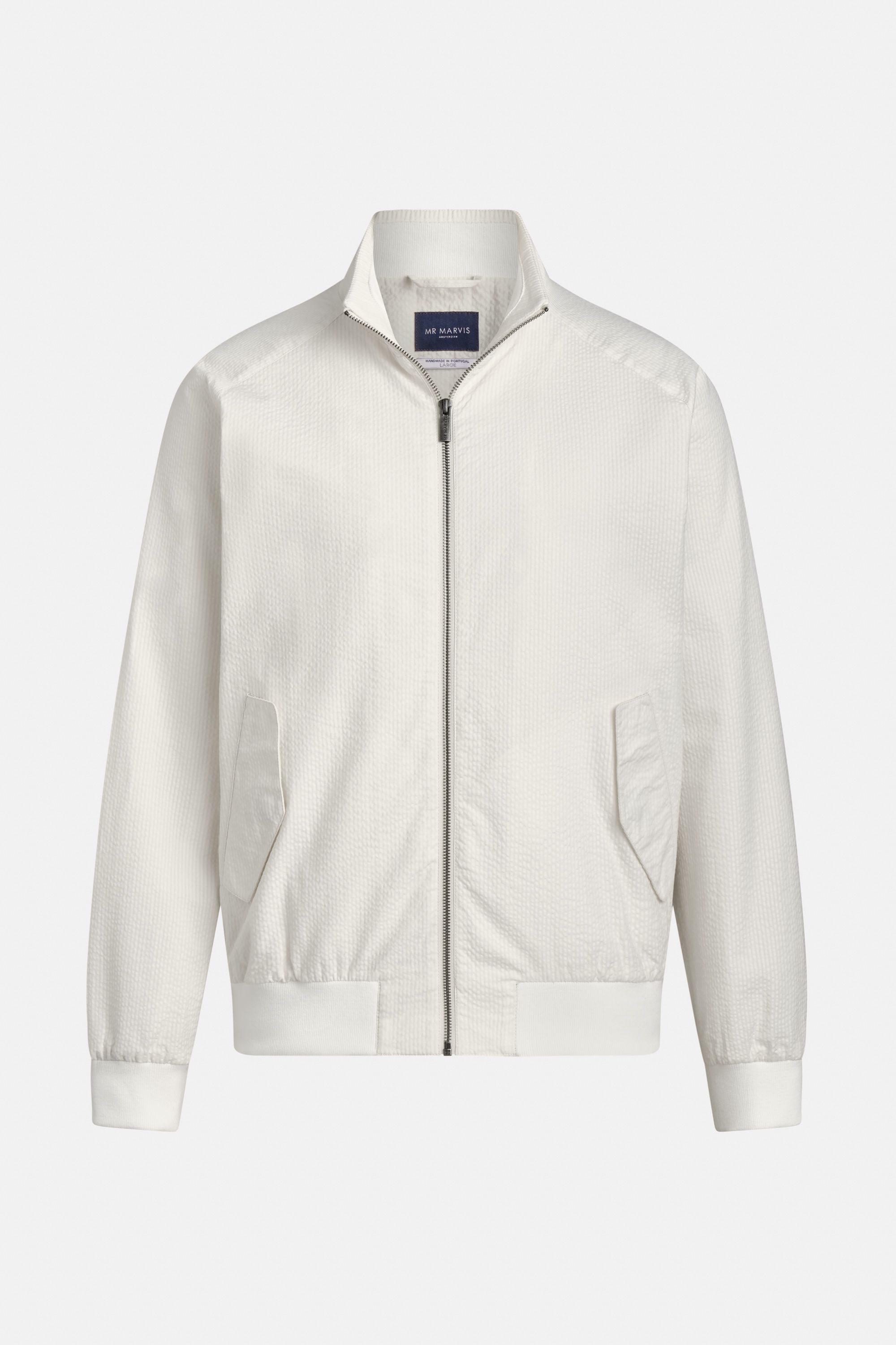 Giubbotto Harrington da uomo in seersucker in bianco ottico.