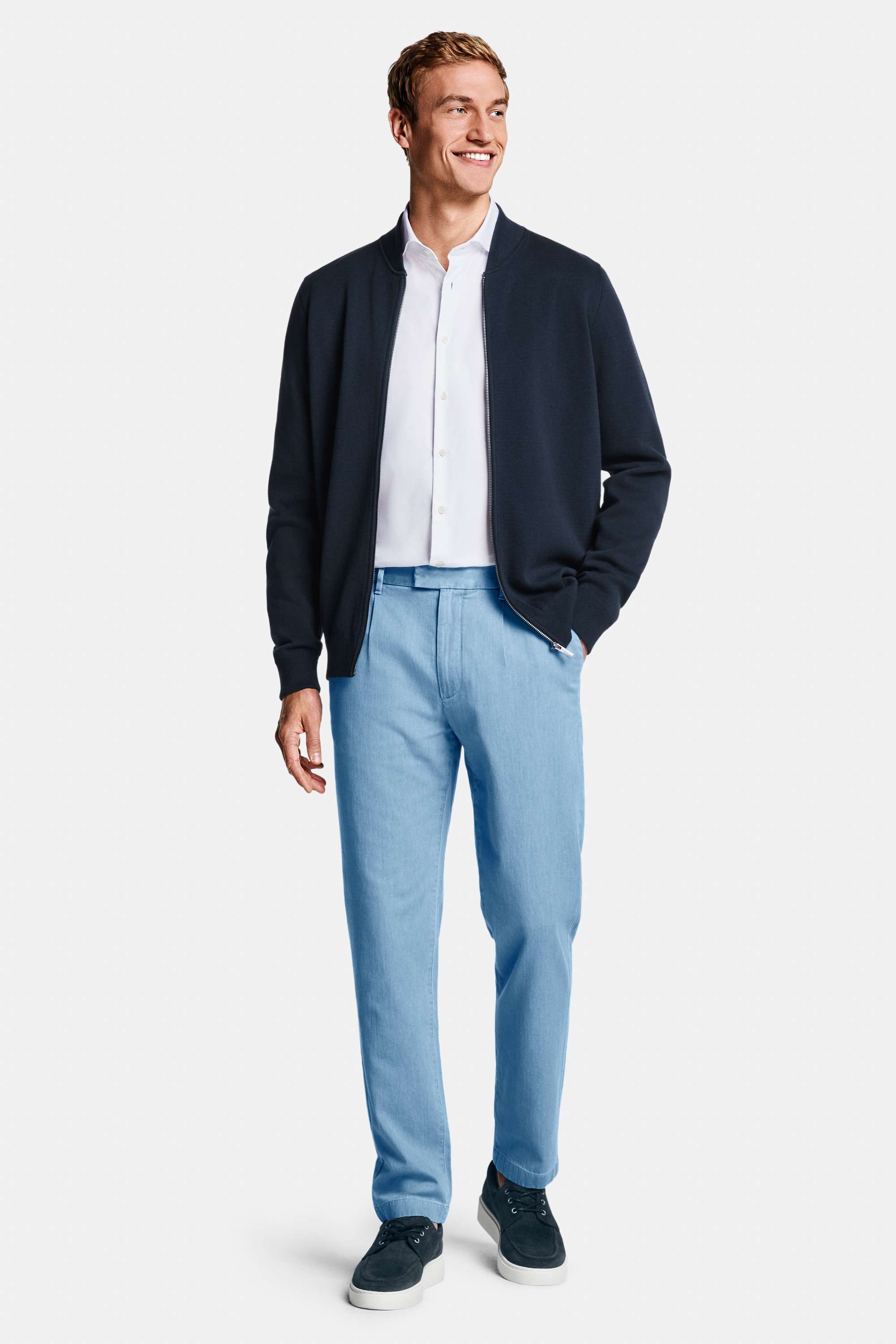 Mayfairs * The Smart Shirt, Cosmics * The Zip Cardigan, Otis * The Classic Chinos, Deeps * The Boat Sneakers