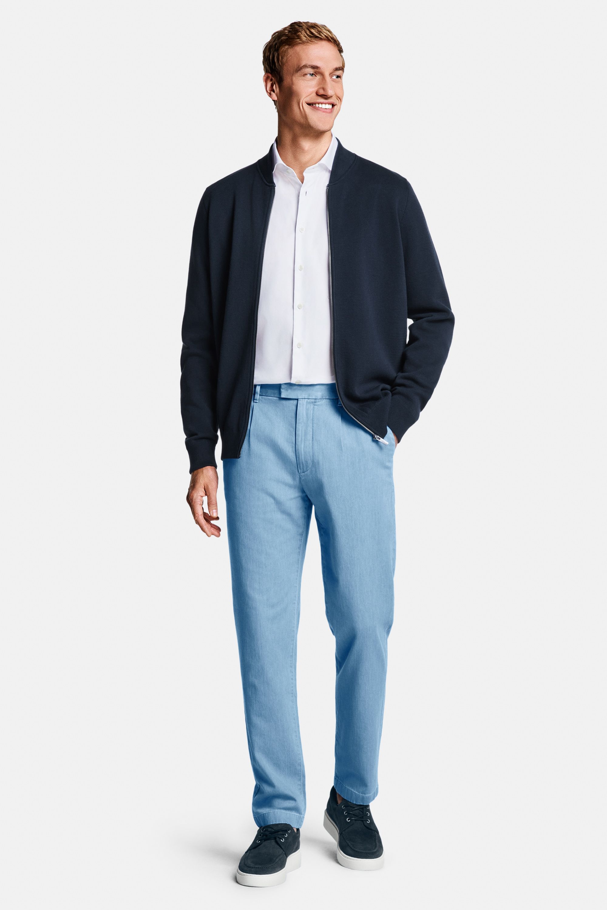 Mayfairs * The Smart Shirt, Cosmics * The Zip Cardigan, Otis * The Classic Chinos, Deeps * The Boat Sneakers