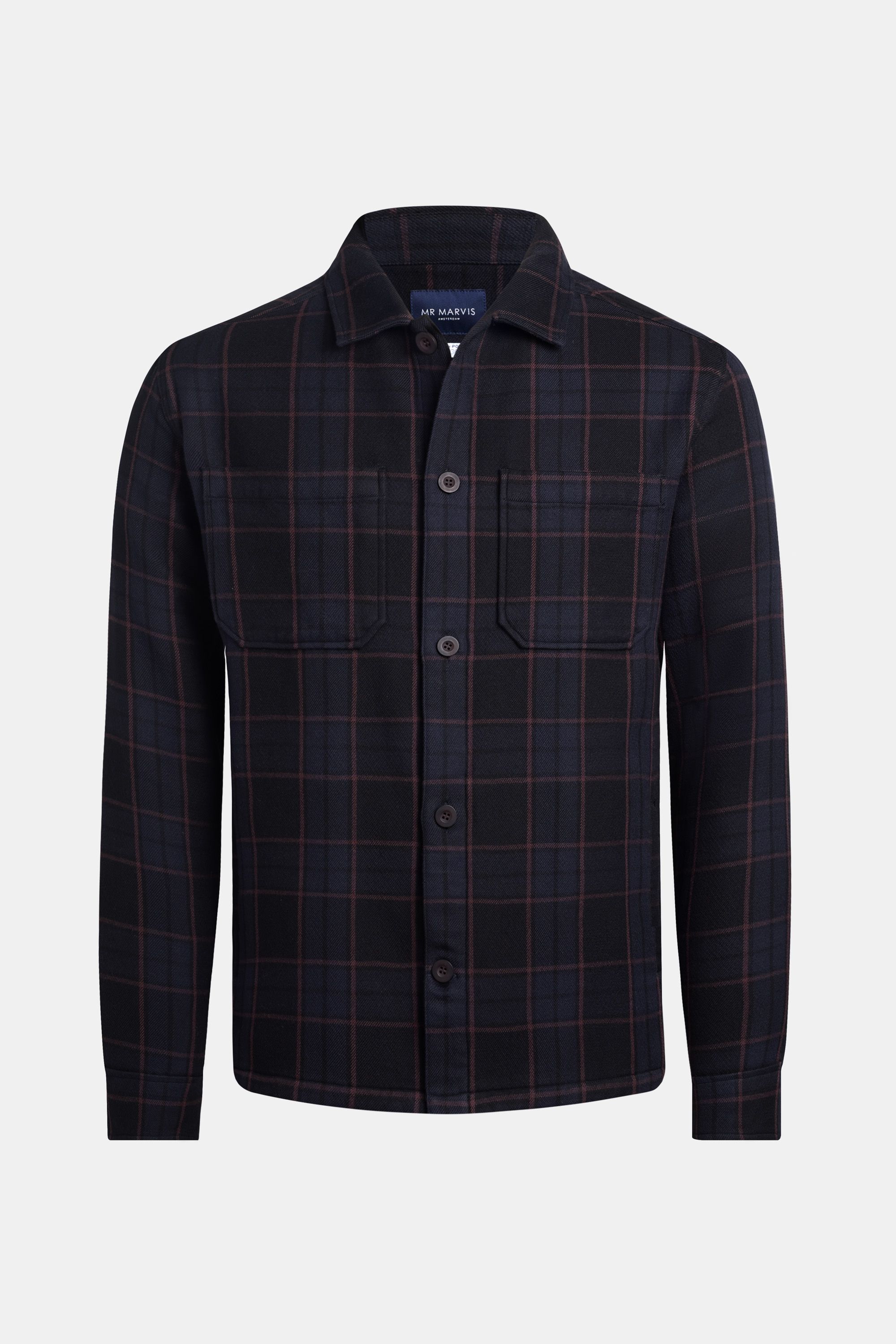 Mens shacket with buttoned front in red, navy and black plaid