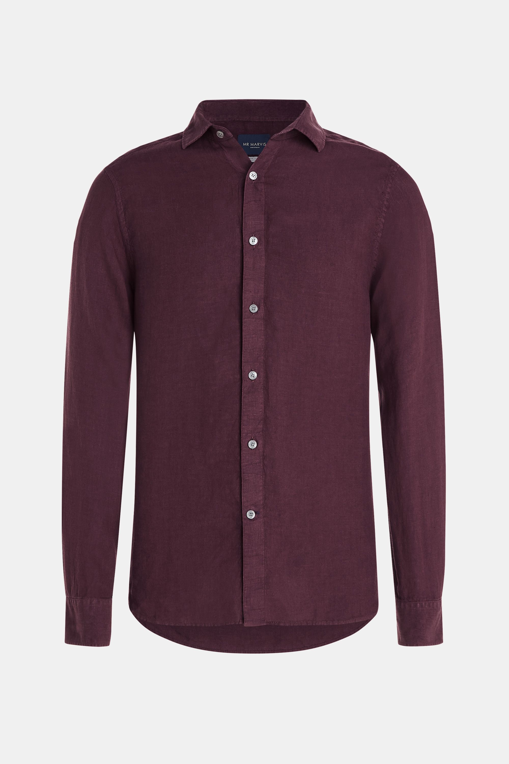 Mens linen shirt with relaxed fit in dark burgundy
