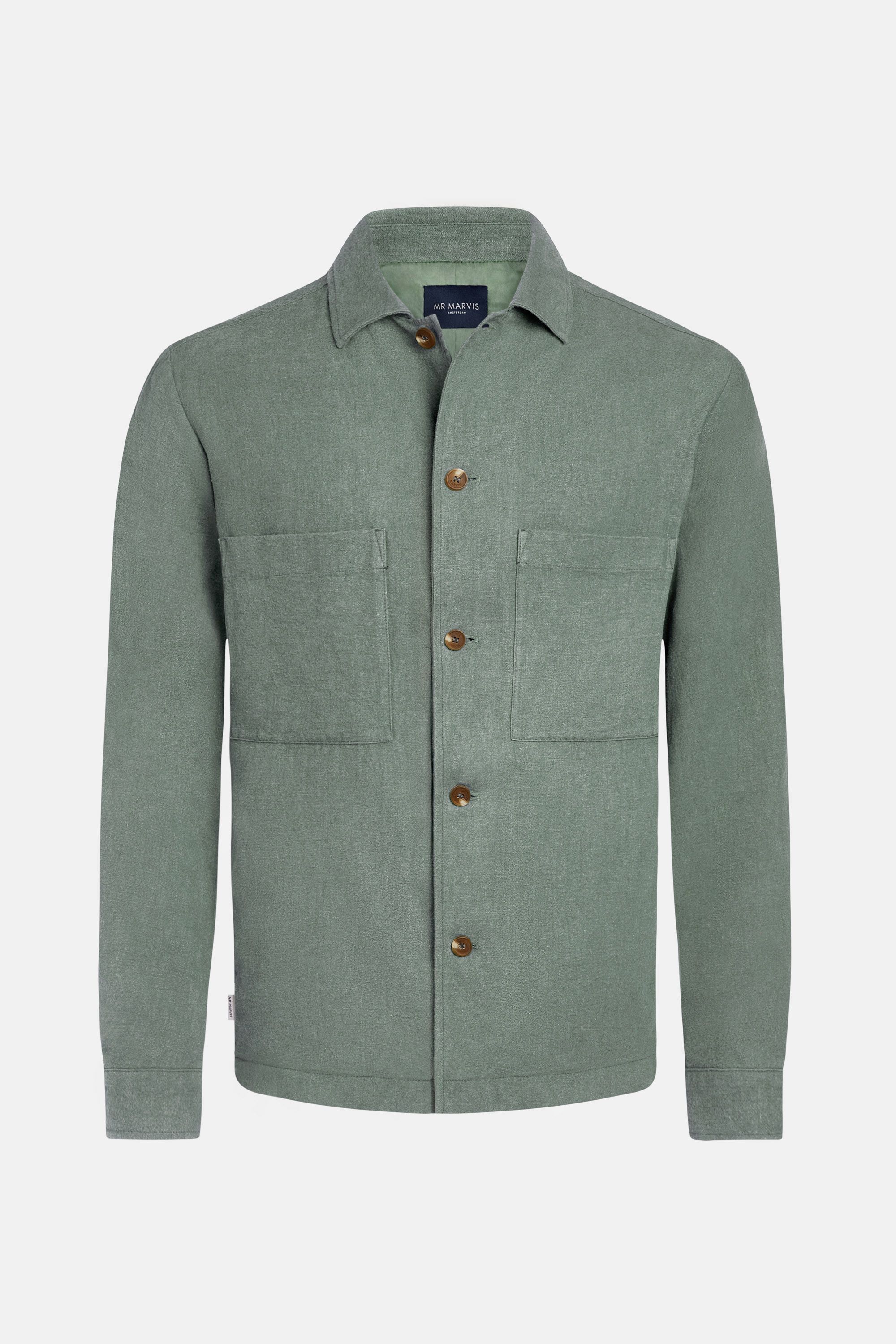 Mens linen shacket with relaxed fit in grey green