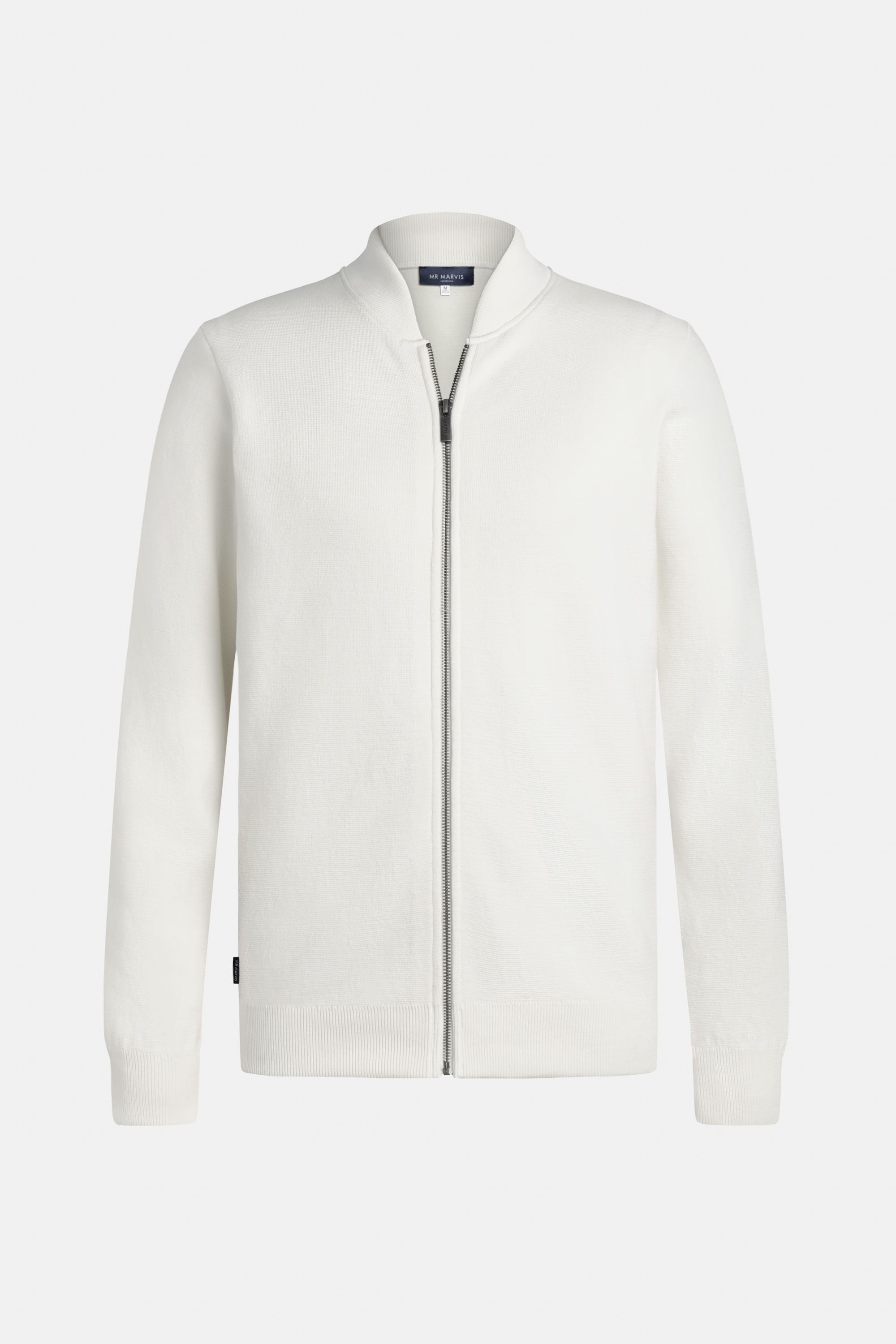 Mens organic cotton zipped cardigan with a bomber-style silhouette in off white.