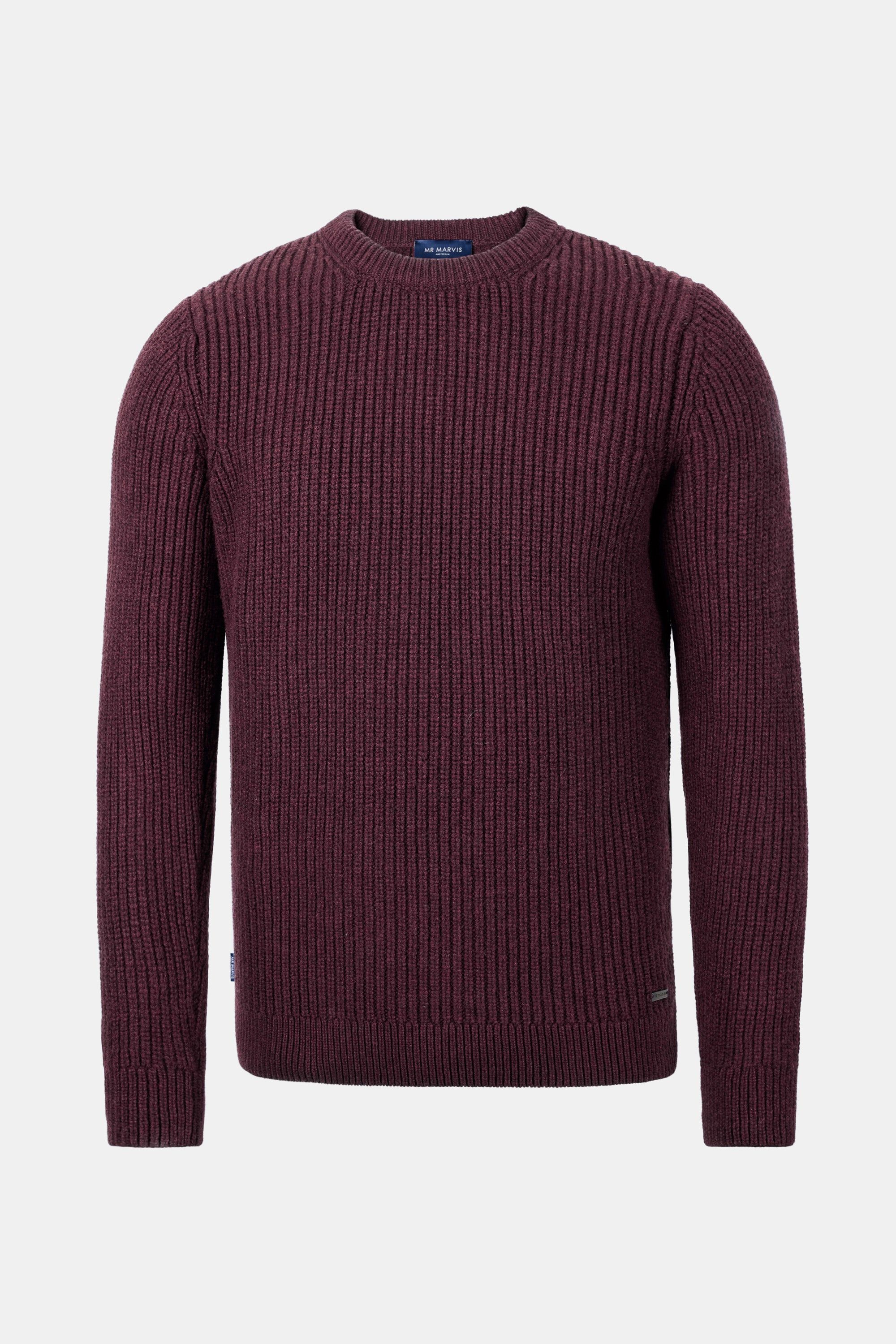 Mens ribbed-knit merino wool pullover in dark burgundy