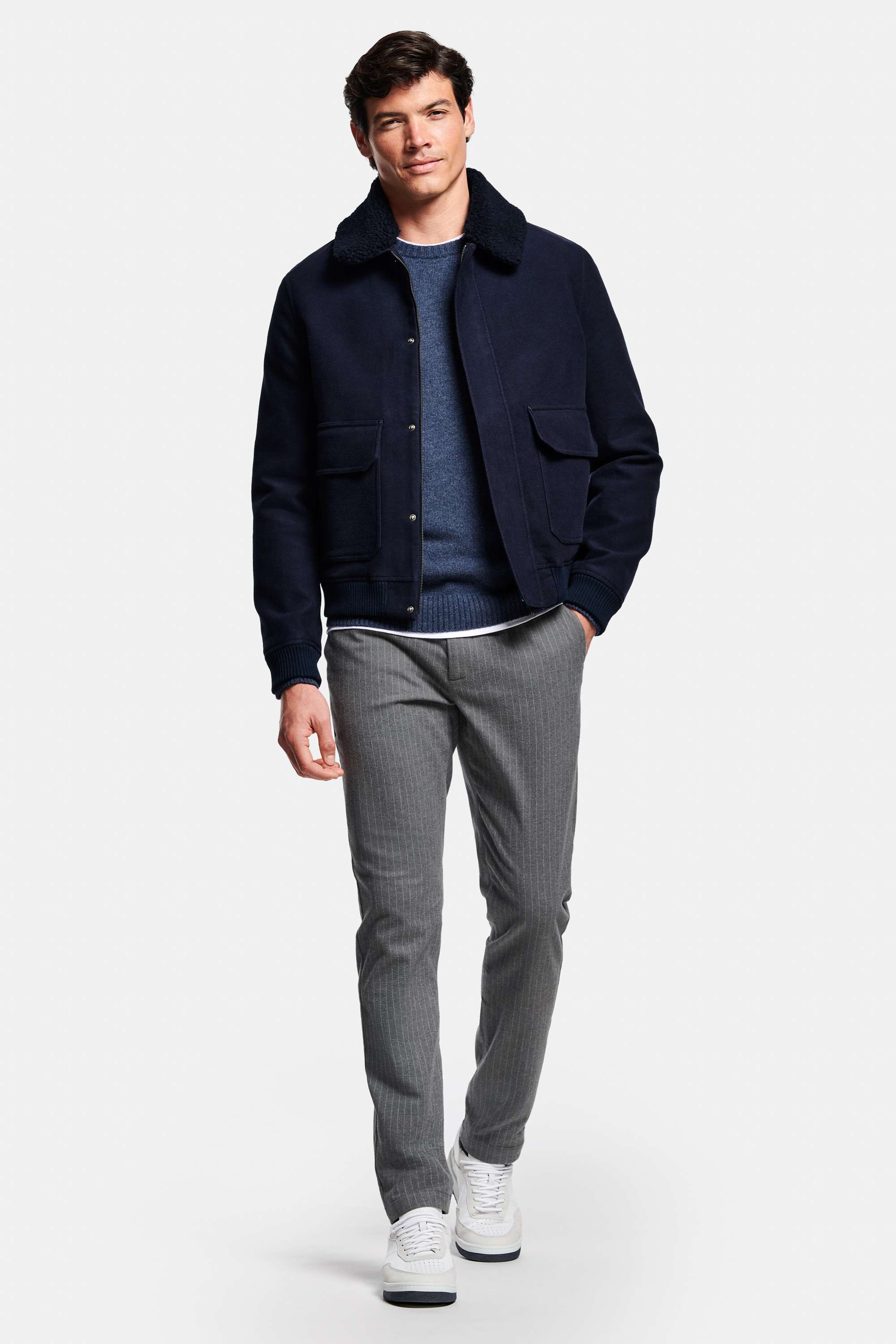 Kingfishers * The Wool Pullover, Deeps * The First-class Jacket, Newmans Pinstripe * The Flannels, Cosmics * The Classic Sneakers