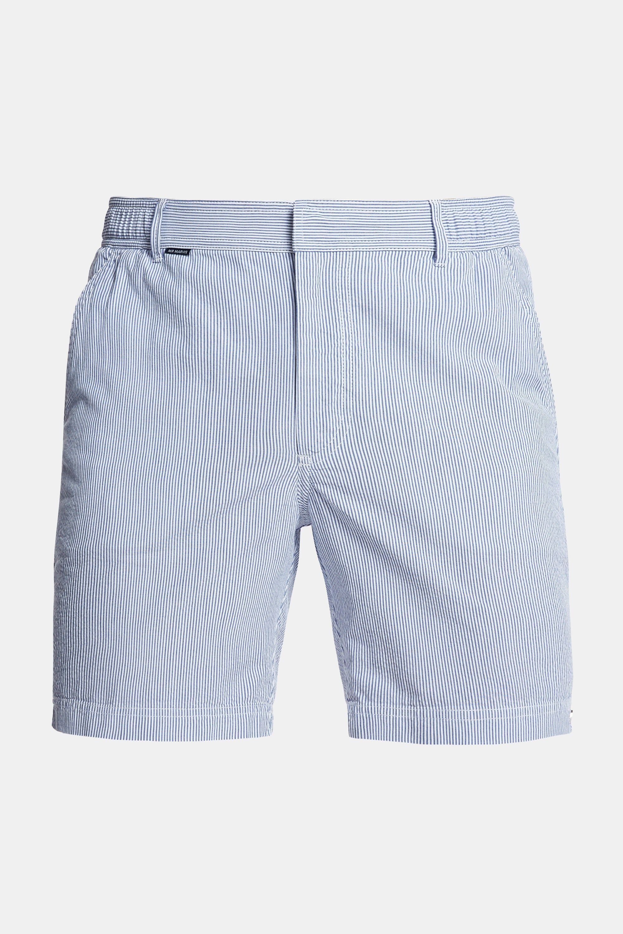 Mens seersucker shorts in dark blue & white striped