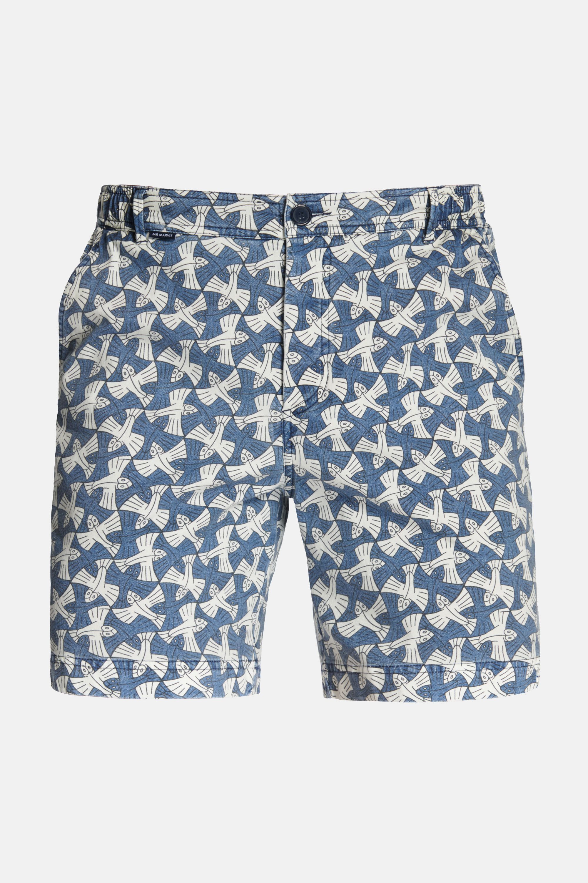 Mens stretch shorts with print in blue Escher bird print