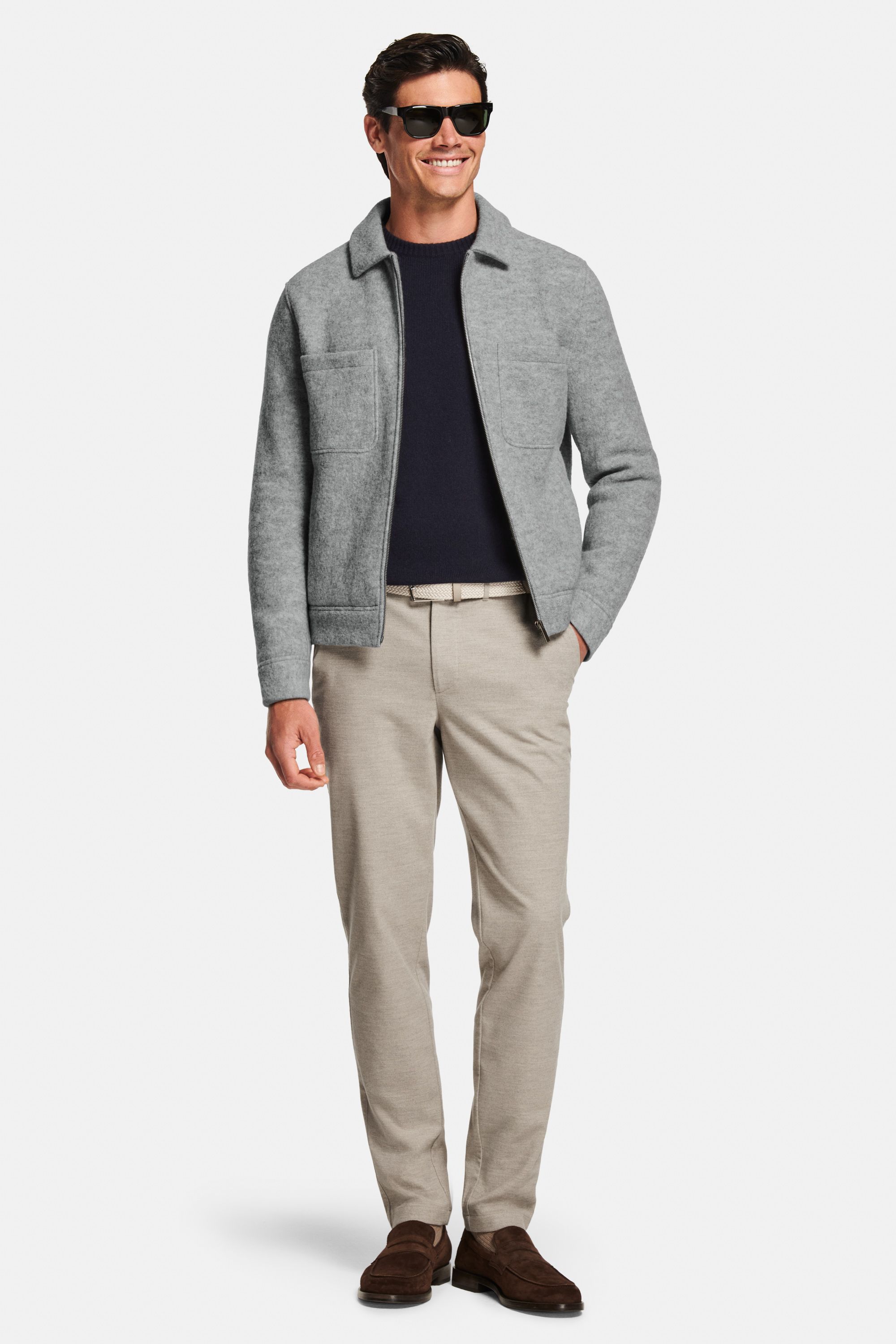 Deeps * The Wool Pullover, Oysters * The Wool Zip Shacket, Gazettes * The Stretch Belt, Gazettes * The Smart Easies