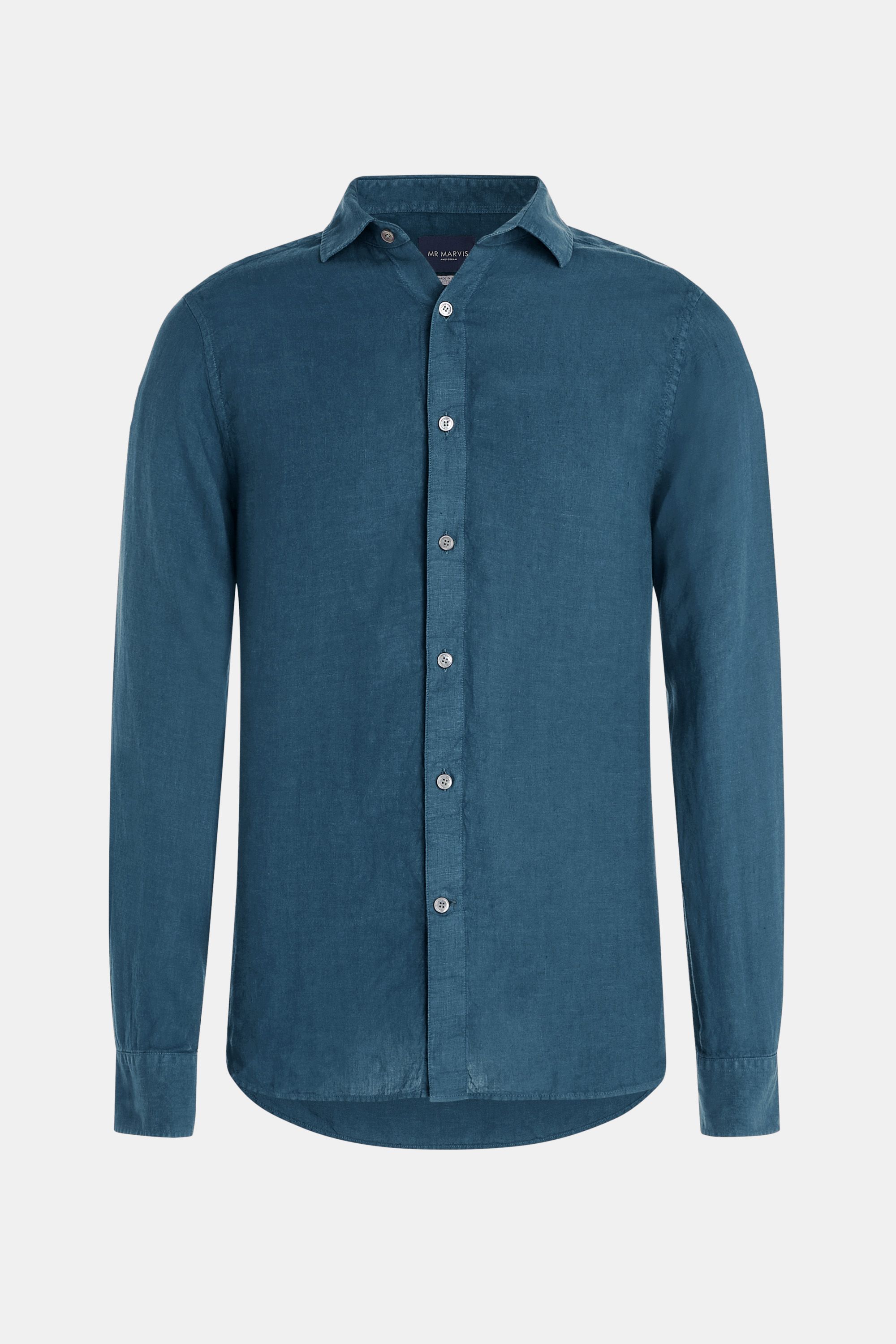 Mens linen shirt with relaxed fit in dark petrol blue