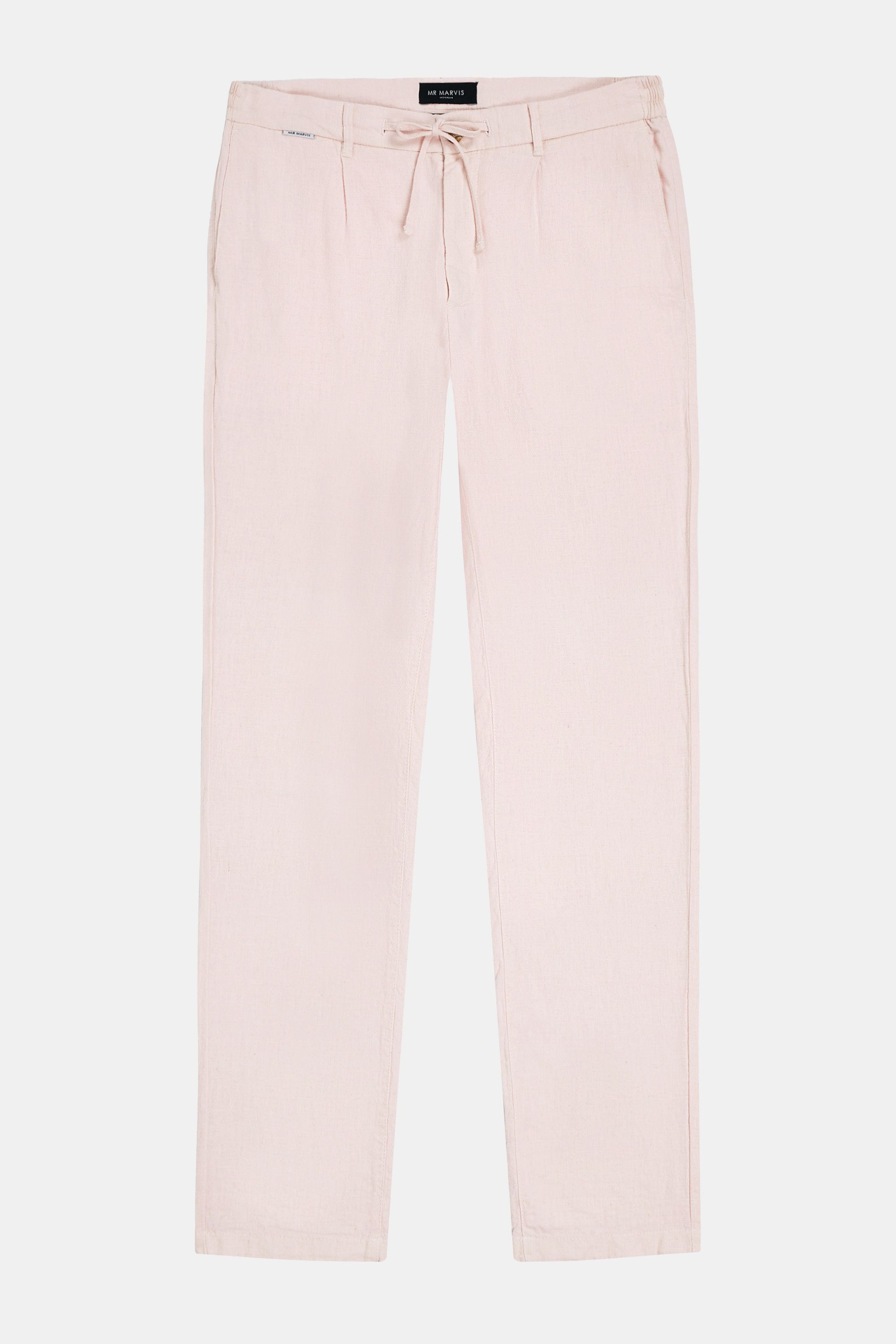 Mens linen blend trousers with relaxed fit in soft pink