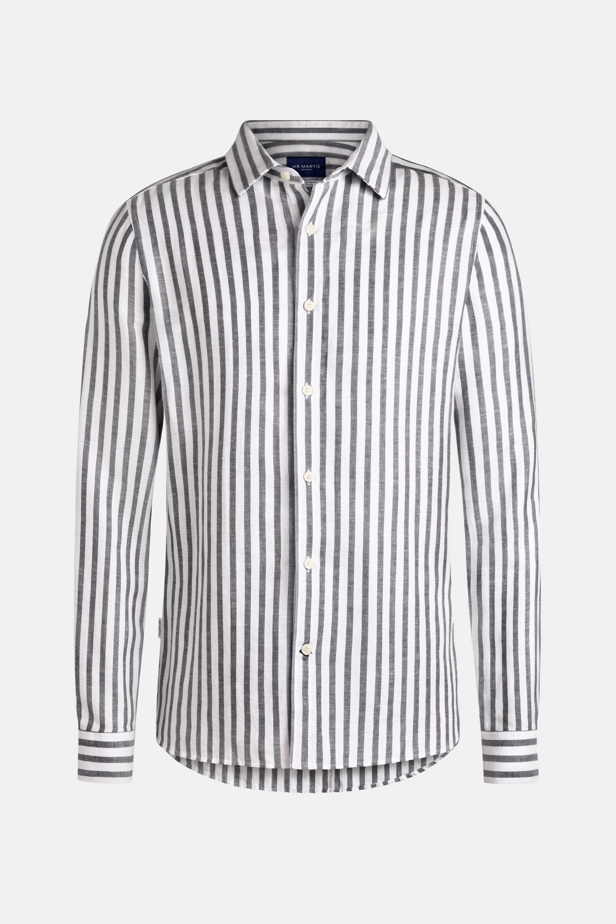 Mens linen shirt with relaxed fit in dark blue & white striped