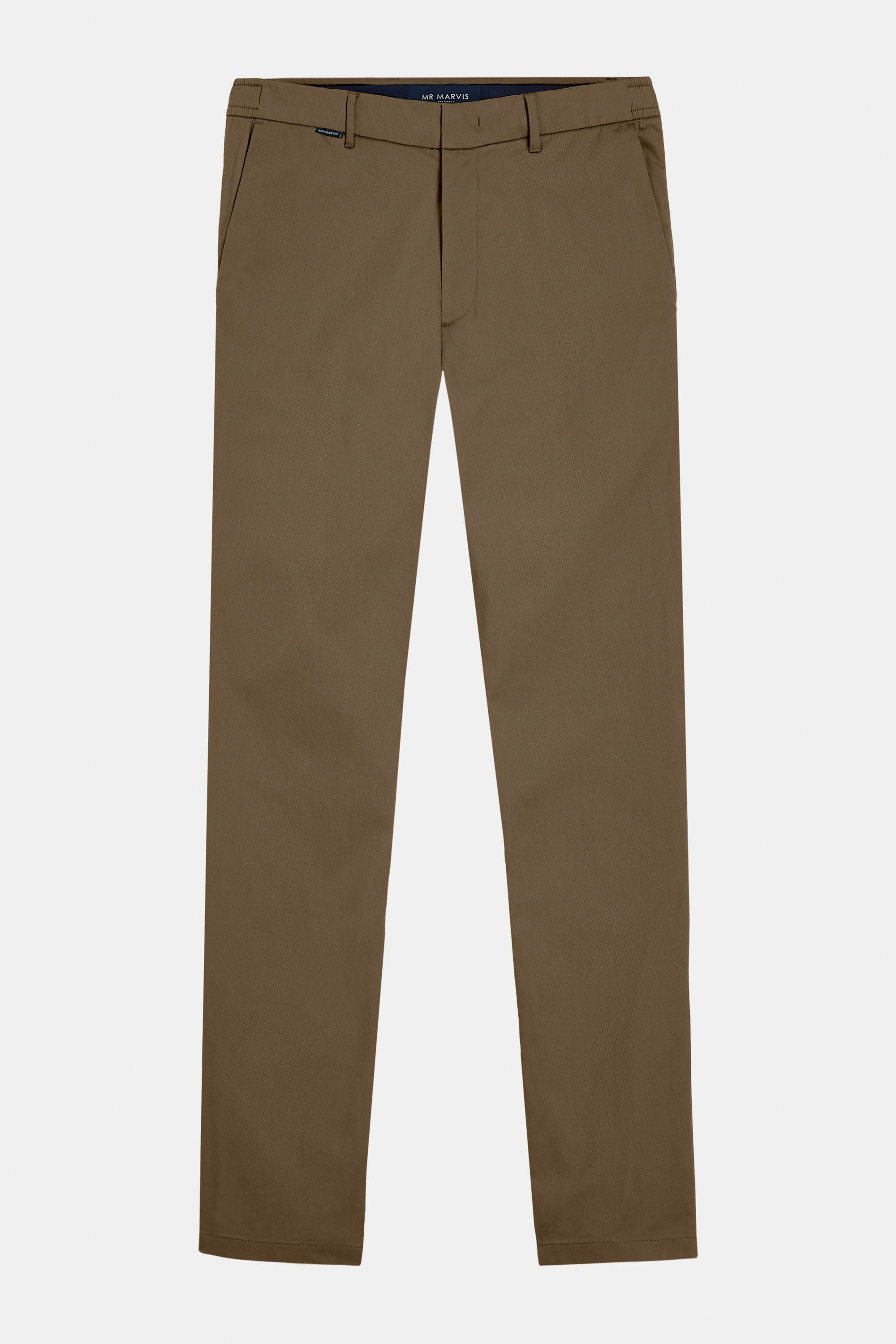 Mens stretchy and water resistant chinos with tapered fit in mid brown