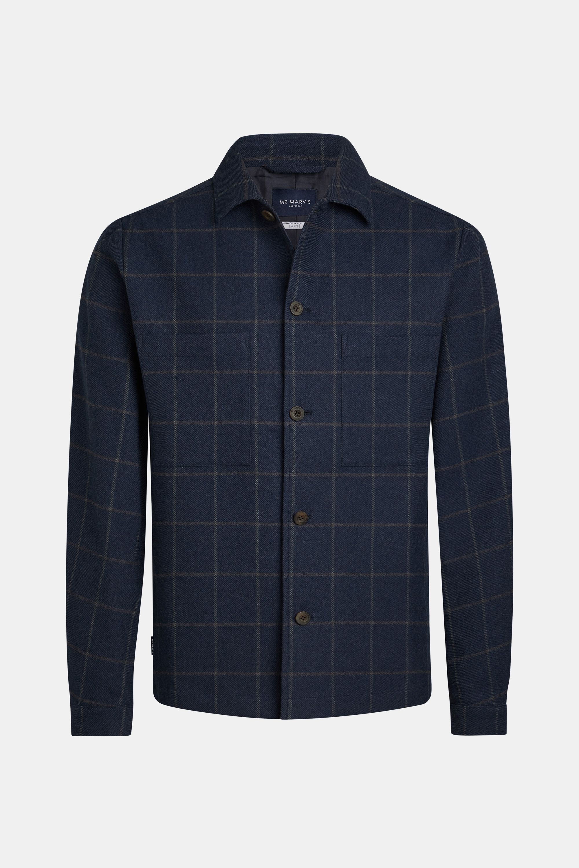 Mens shacket with buttoned front in dark blue windowpane check