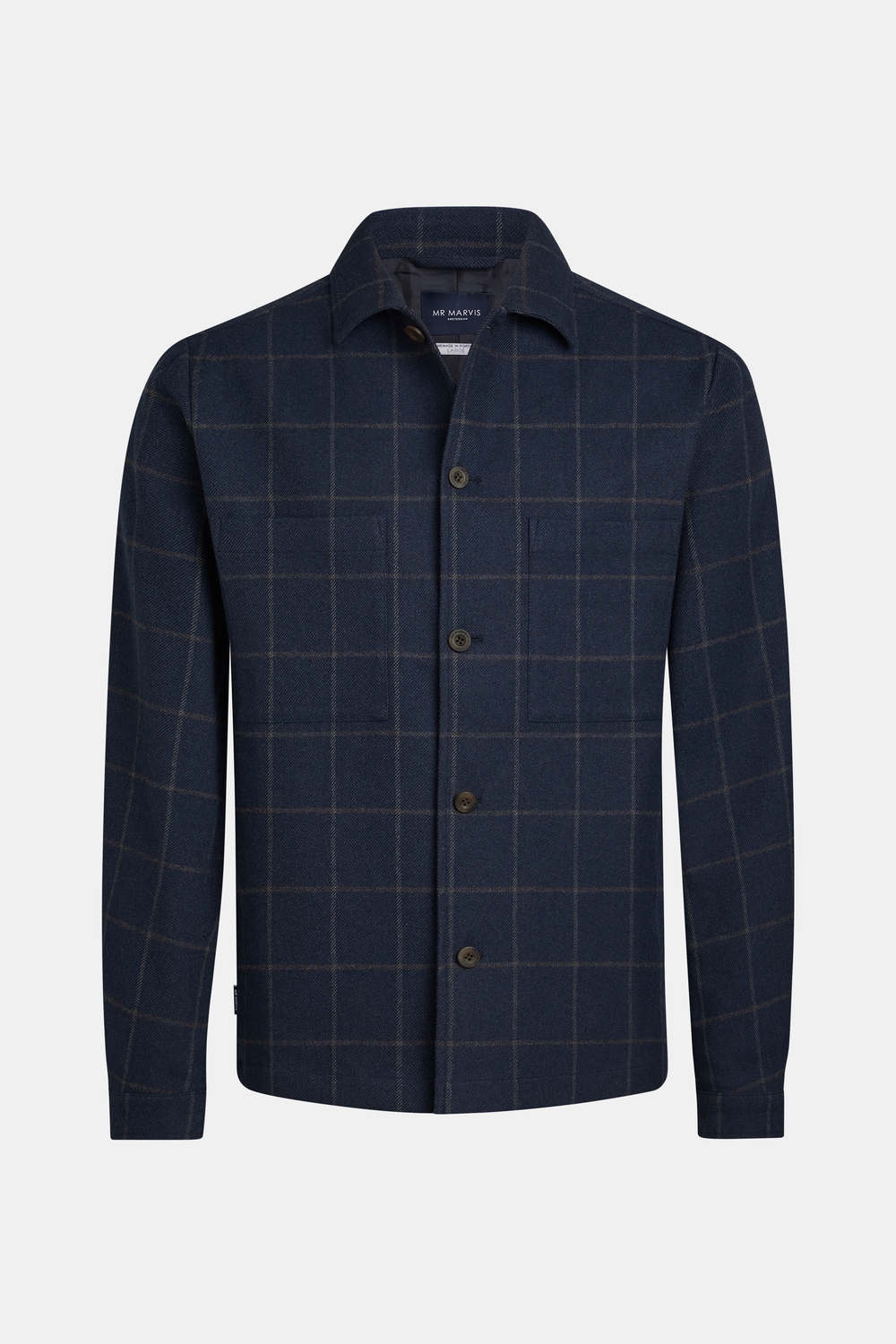 Mens shacket with buttoned front in dark blue windowpane check