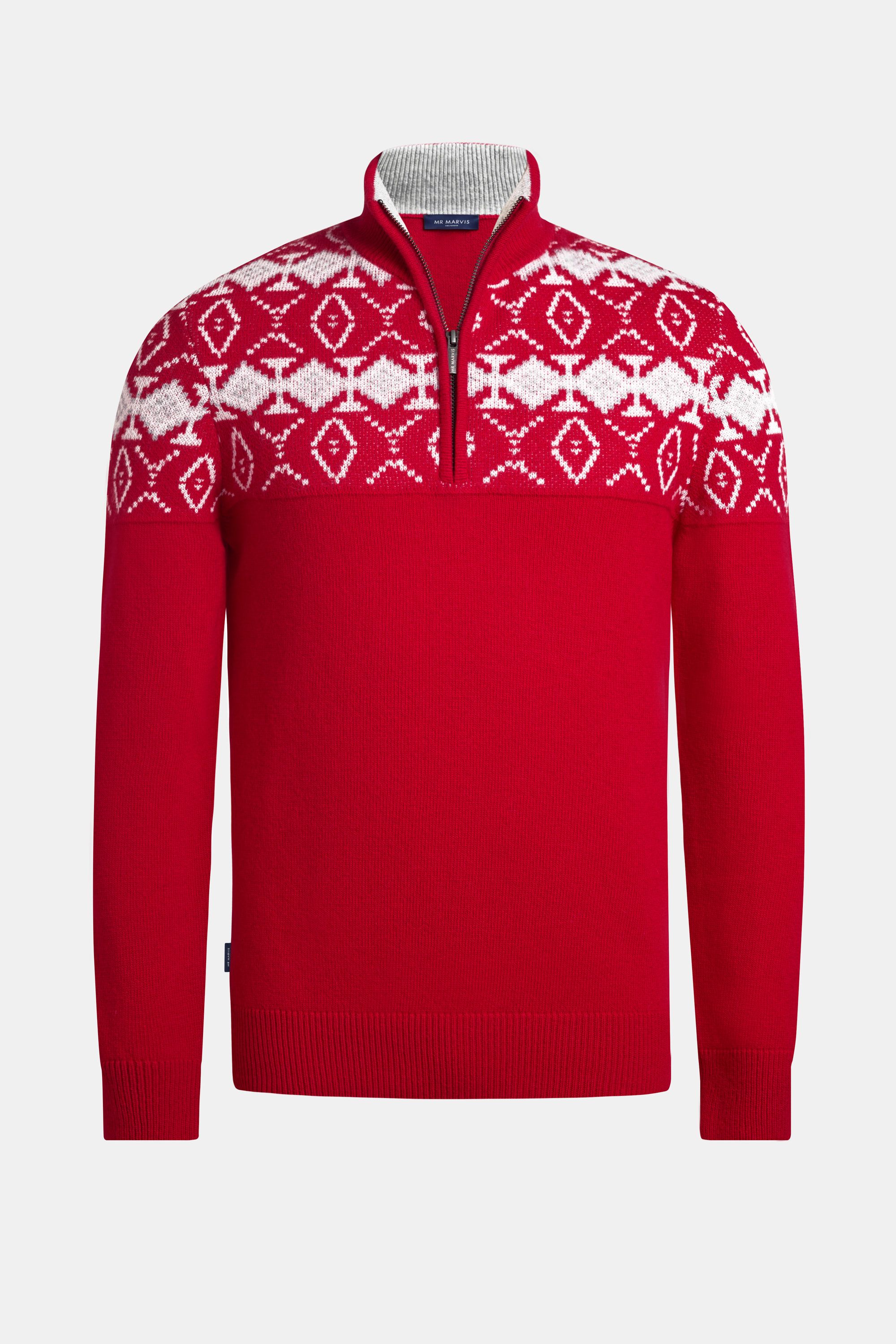Mens retro pullover with half zipper in bright red with snowflake pattern