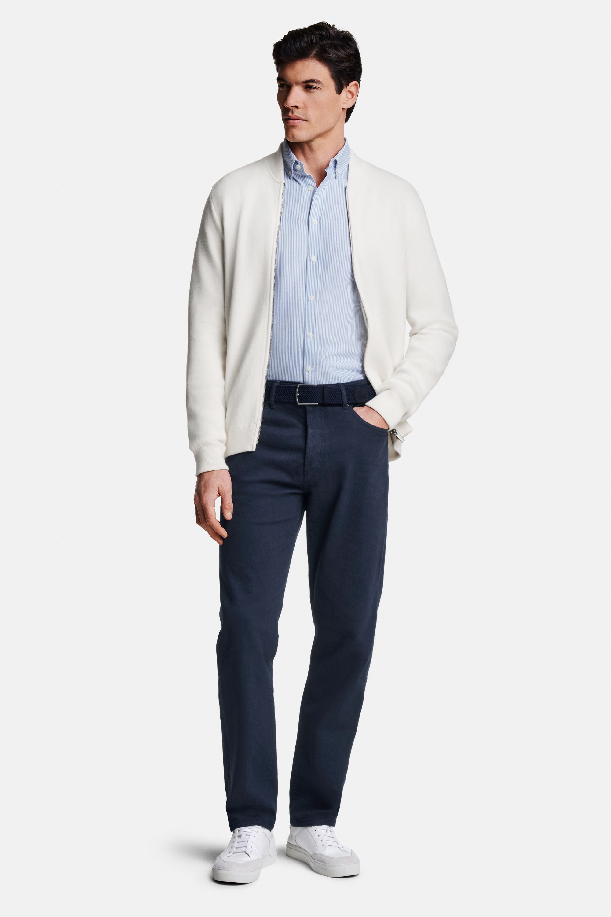 Nautics * The Oxford Shirt, Coconuts * The Zip Cardigan, Cosmics * The Stretch Belt, Cosmics * The Straight Fit Five-pockets