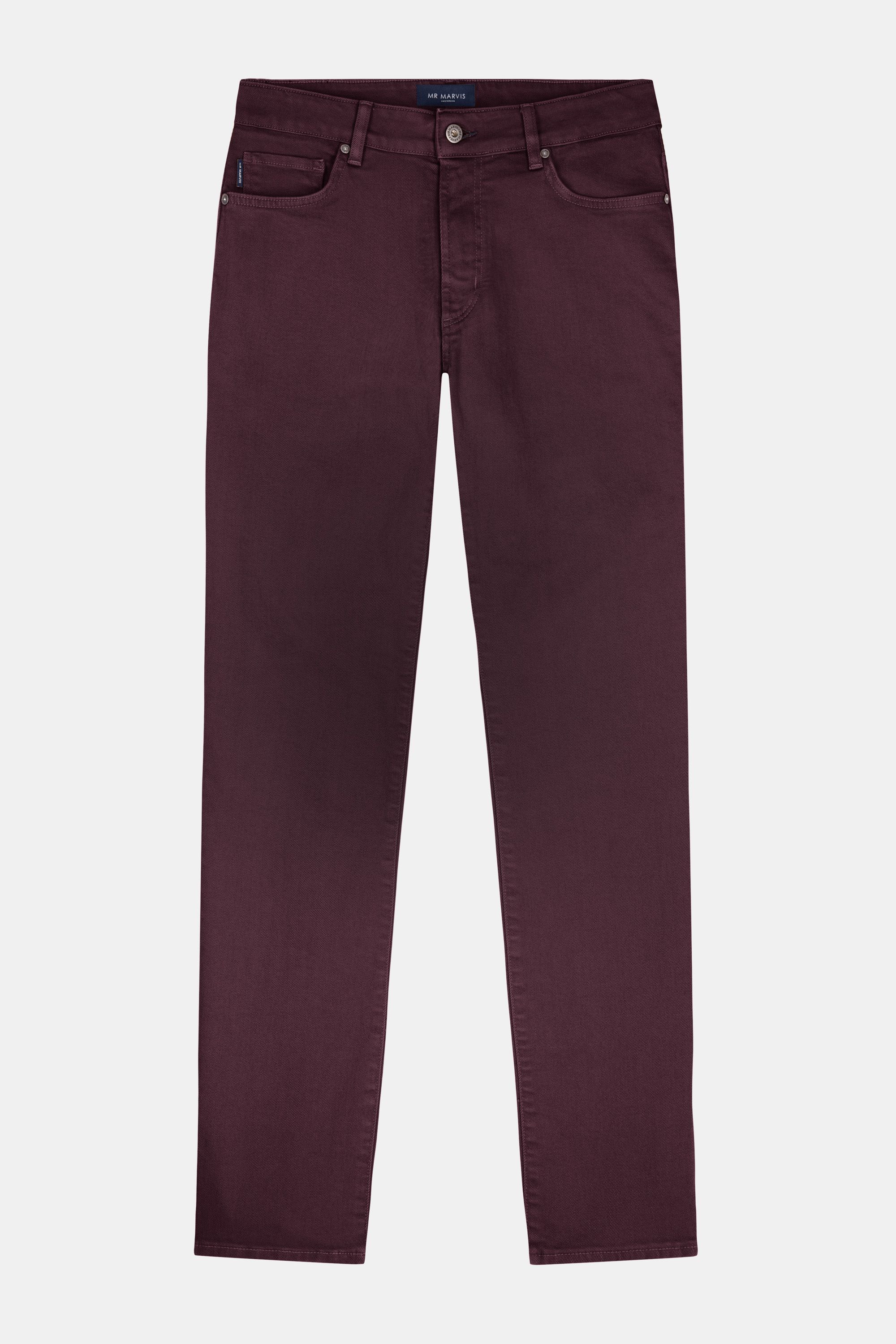 Mens colored denim jeans in dark burgundy