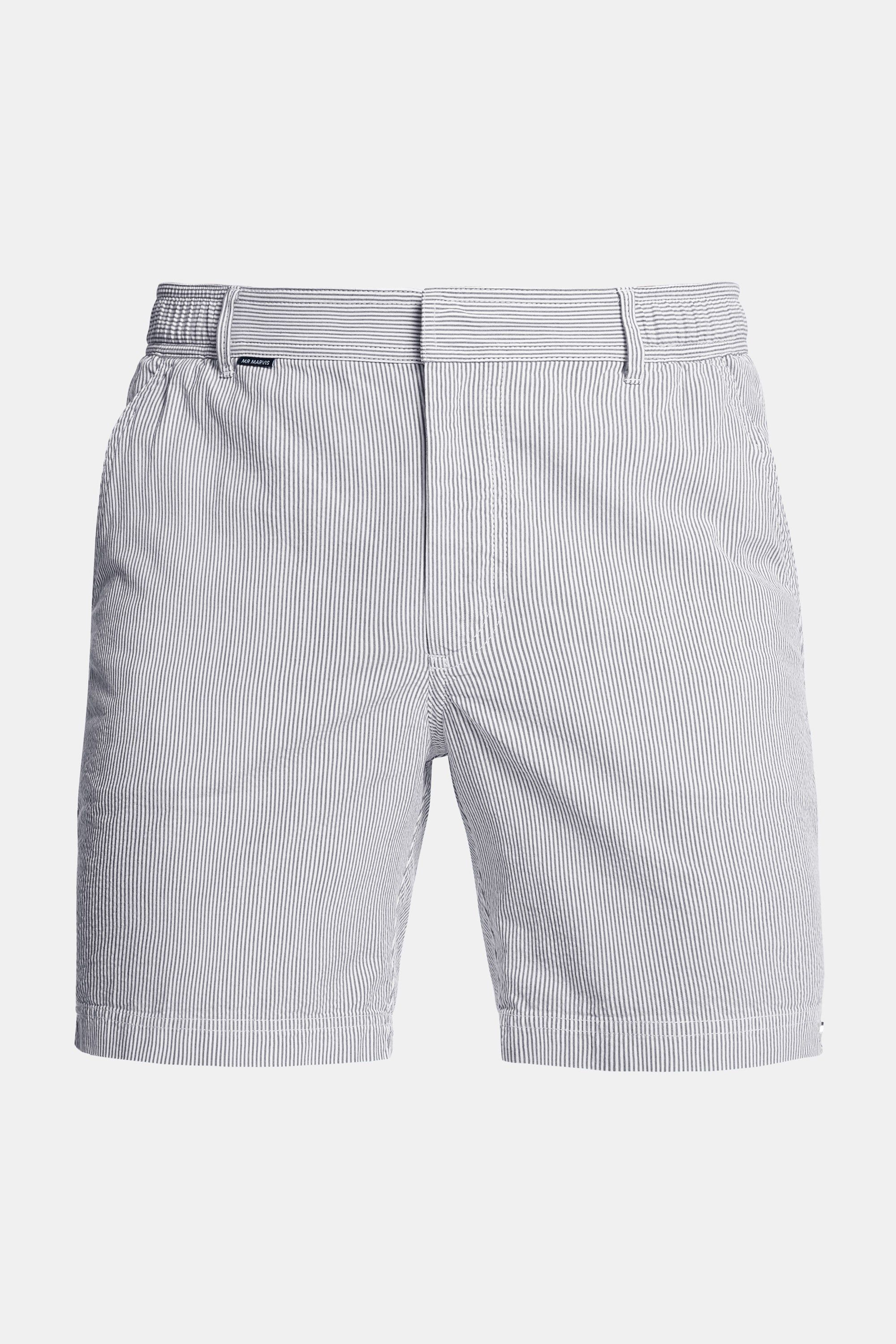 Mens seersucker shorts in dark grey & white striped
