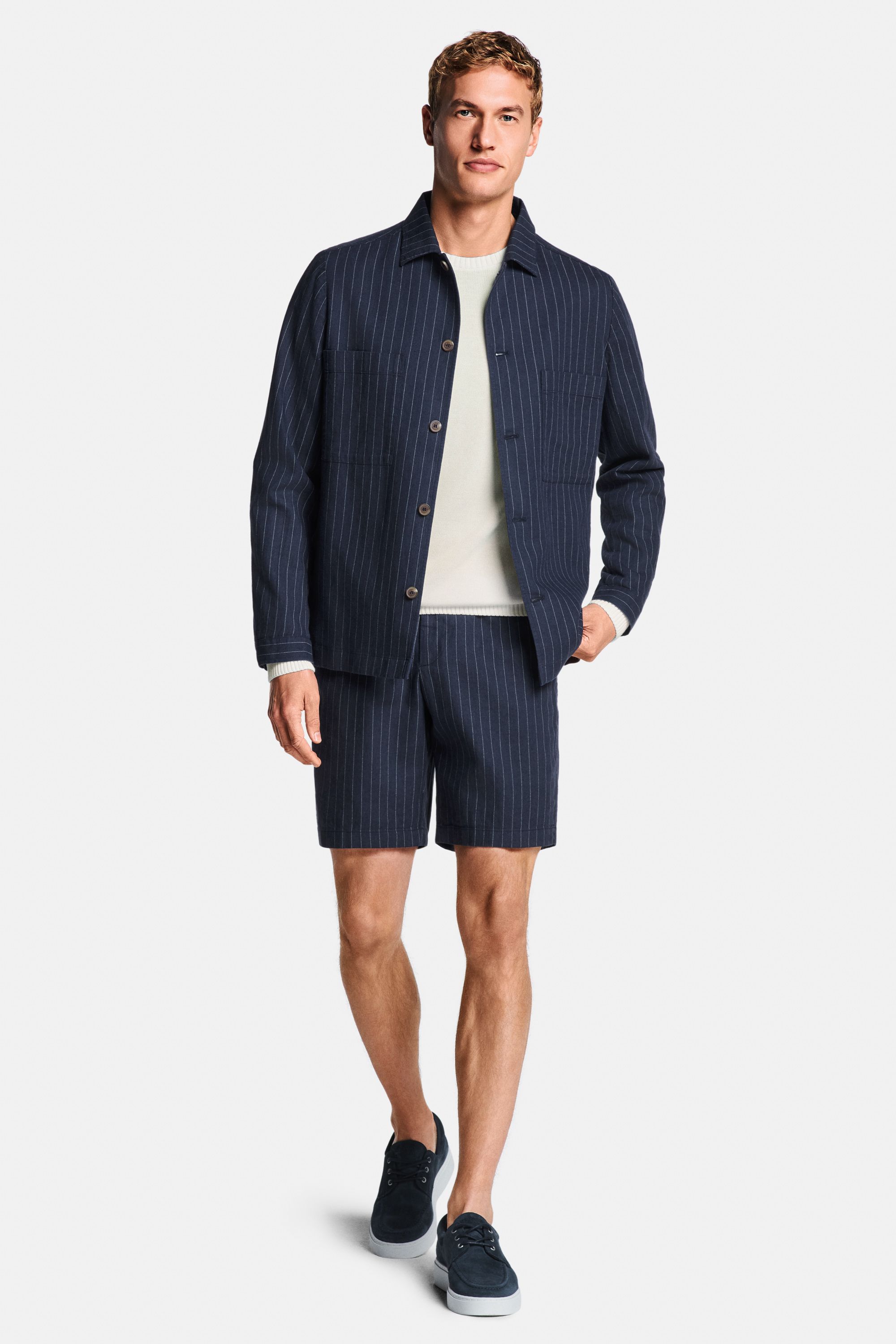 Coconuts * The Midweight Crew, Cosmics Pinstripe * The Linen Shacket, Cosmics Pinstripe * The Short Linens