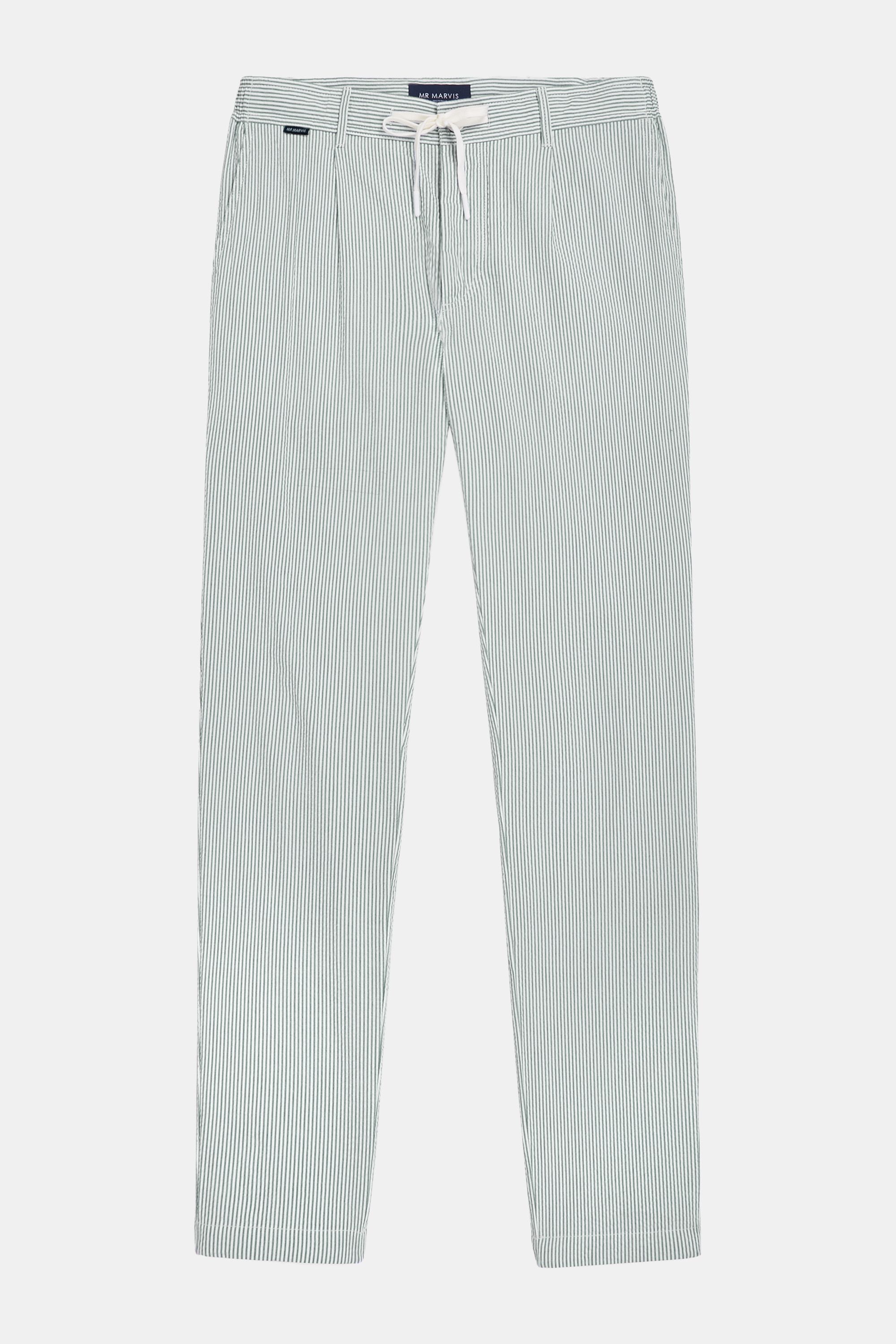 Mens seersucker trousers with relaxed fit in dark green & white striped