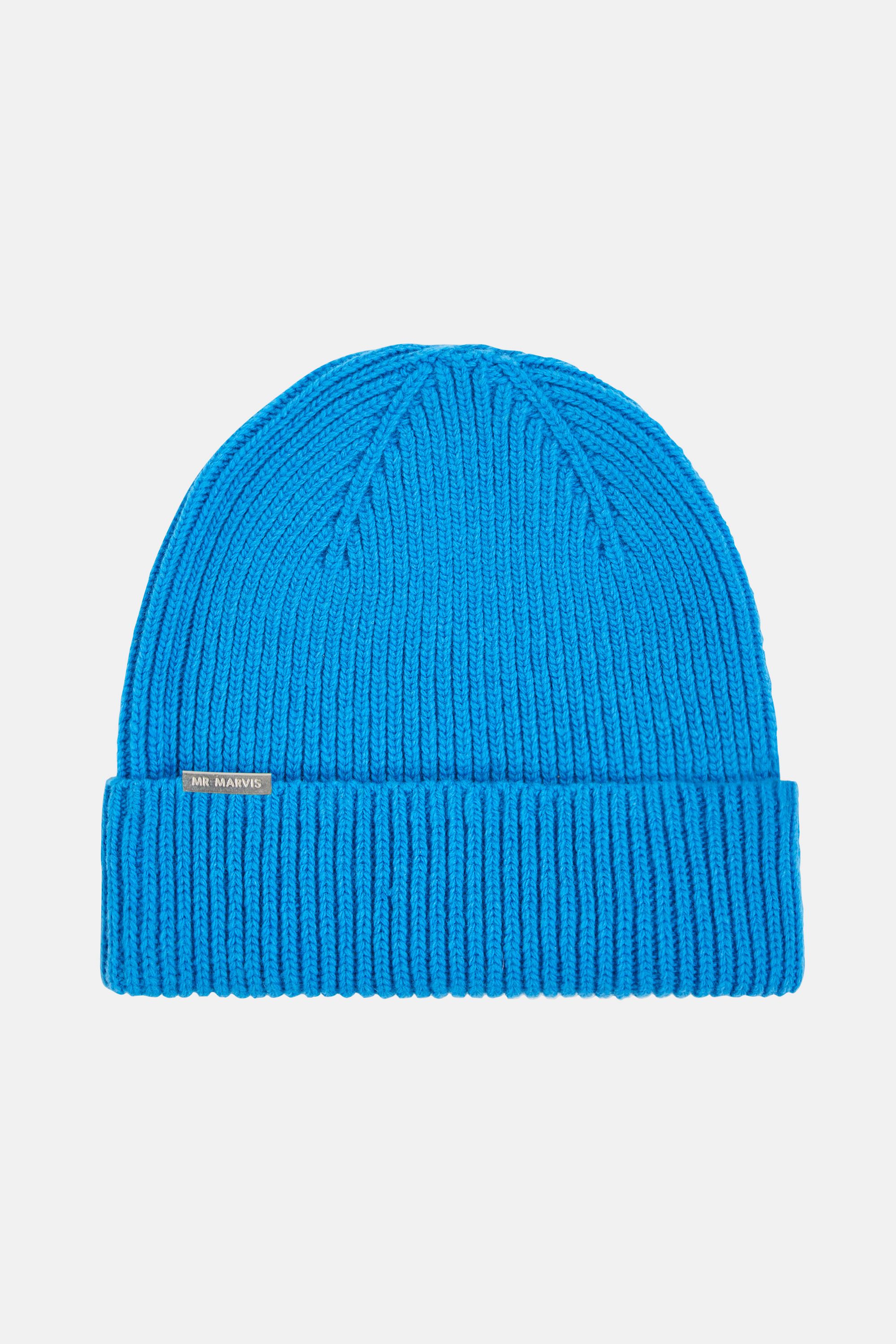 Mens beanie, ribbed-knit and woolblend in bright blue