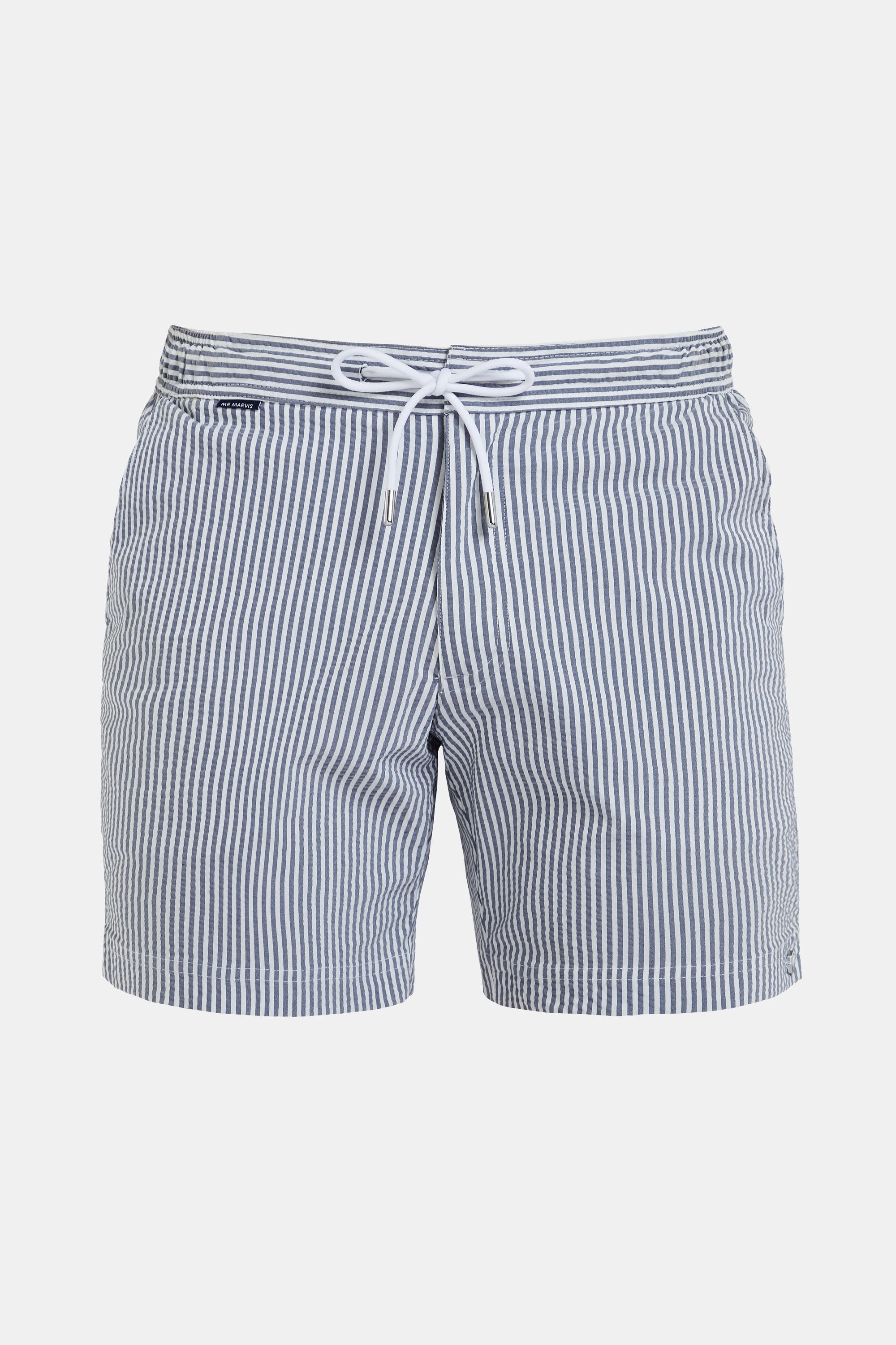 Mens seersucker swim shorts in dark blue & white striped