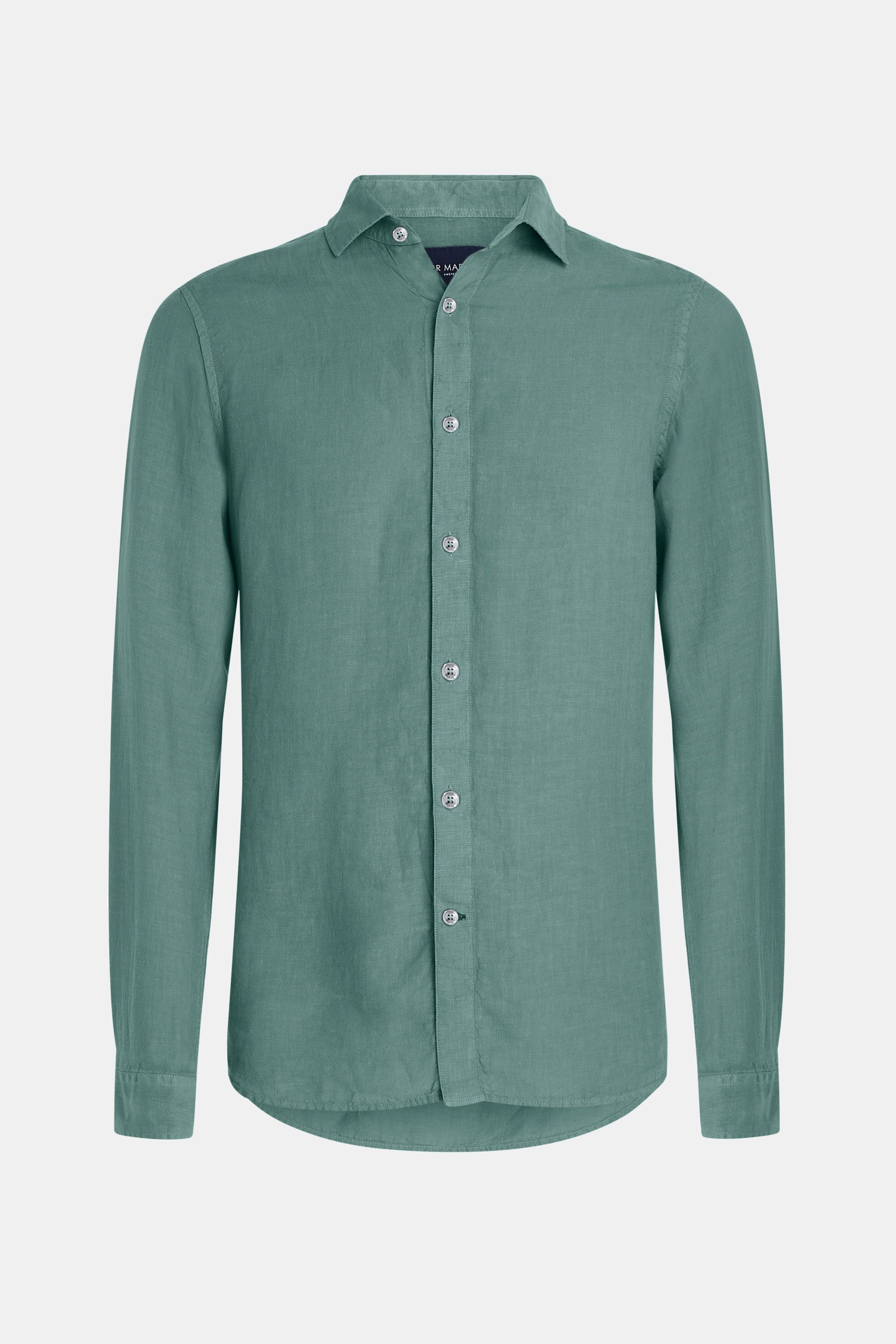 Mens linen shirt with relaxed fit in dark blue green
