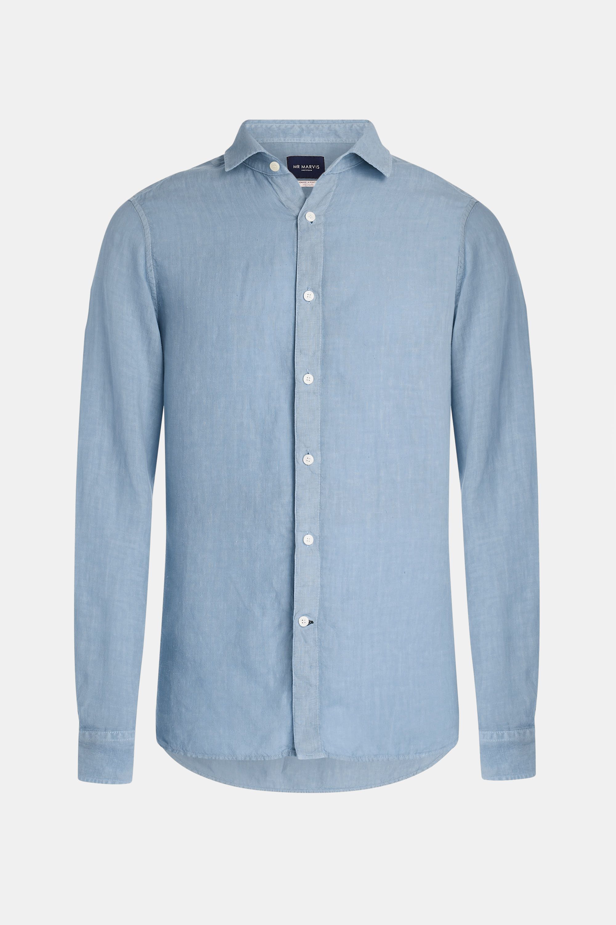 Mens linen shirt with relaxed fit in light grey blue