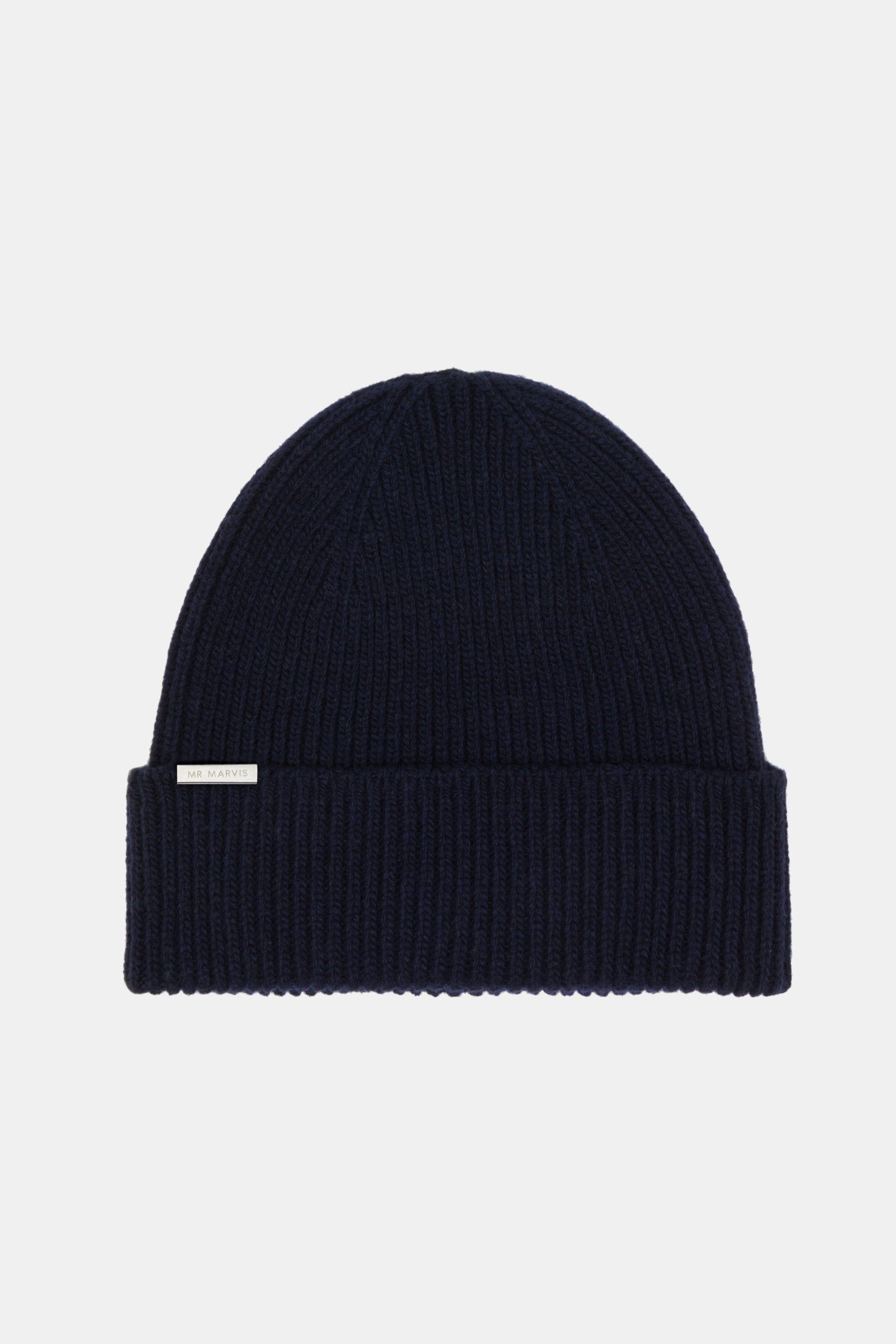 Bonnet pour homme en maille côtelée en mélange de laine en bleu foncé