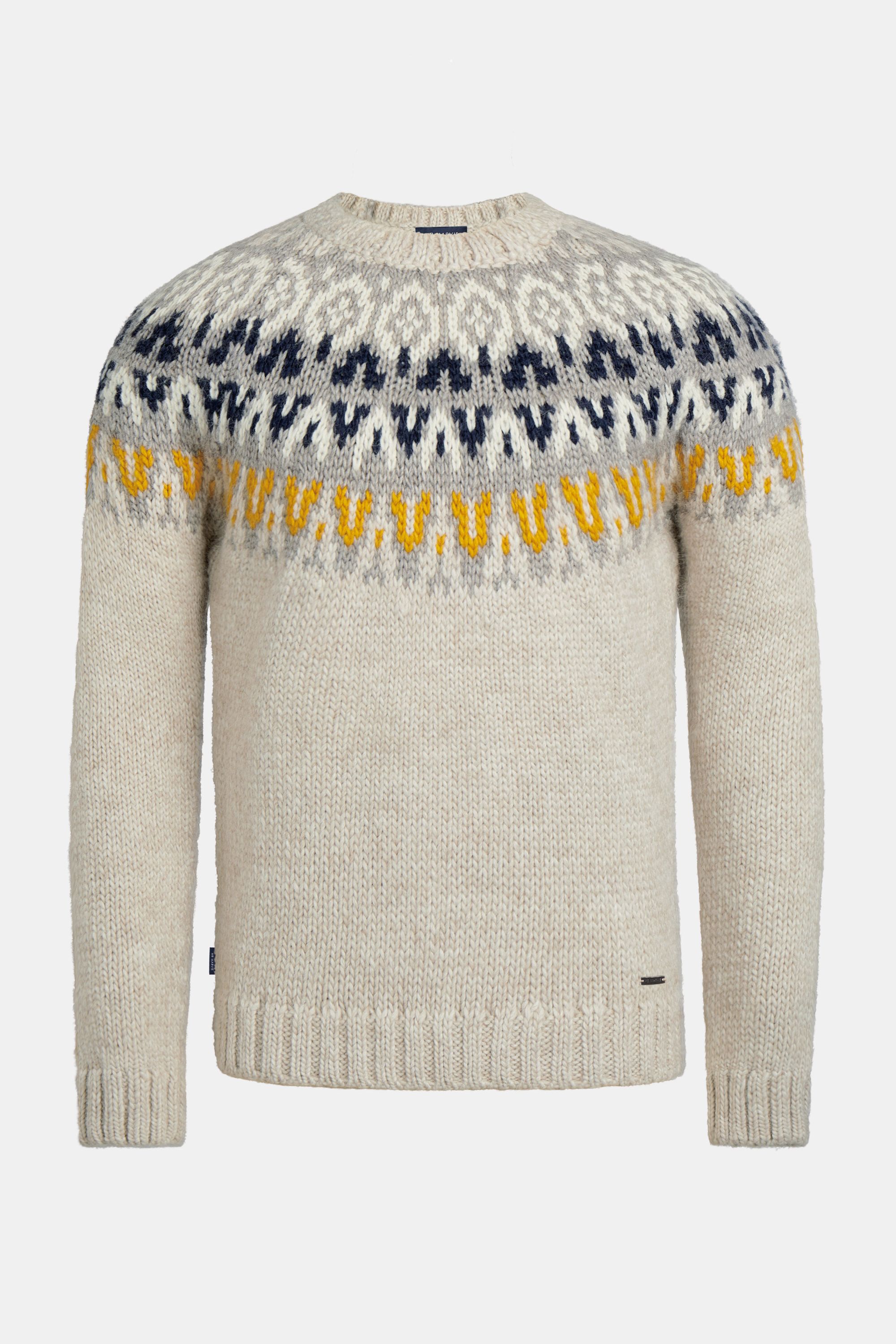 Pull jacquard pour homme en beige avec motif multicolore