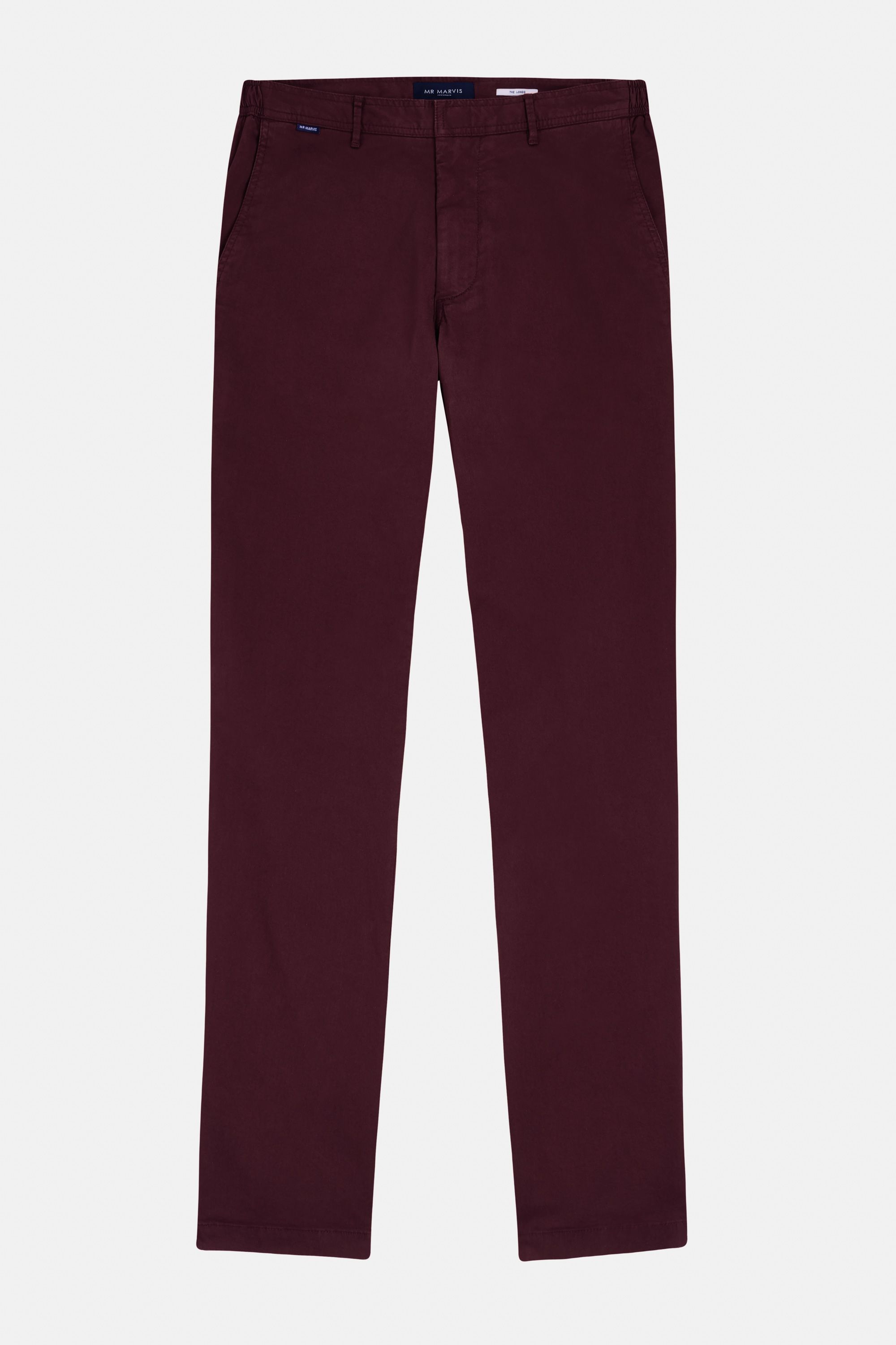 Mens stretch chinos with tailored fit in dark burgundy