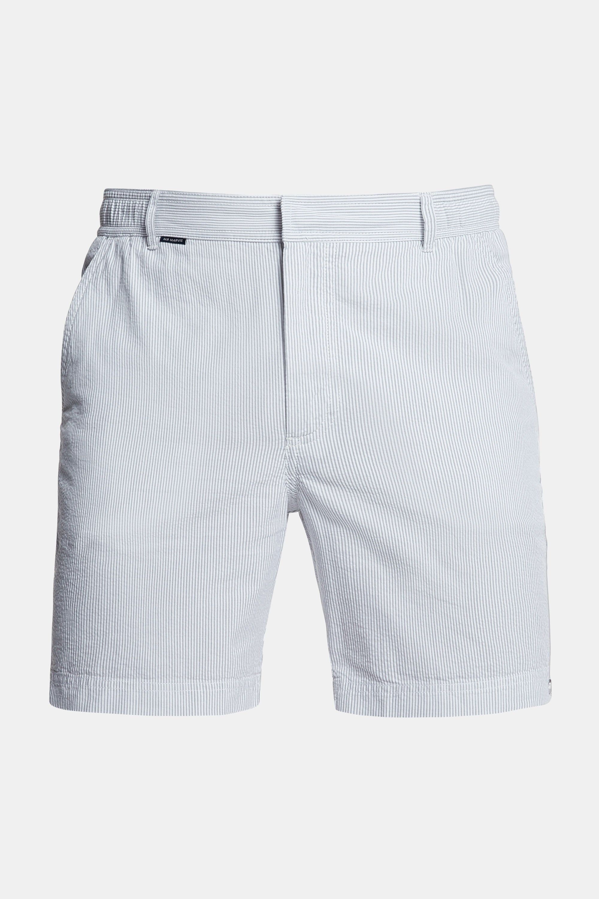 Mens seersucker shorts in light grey & white striped