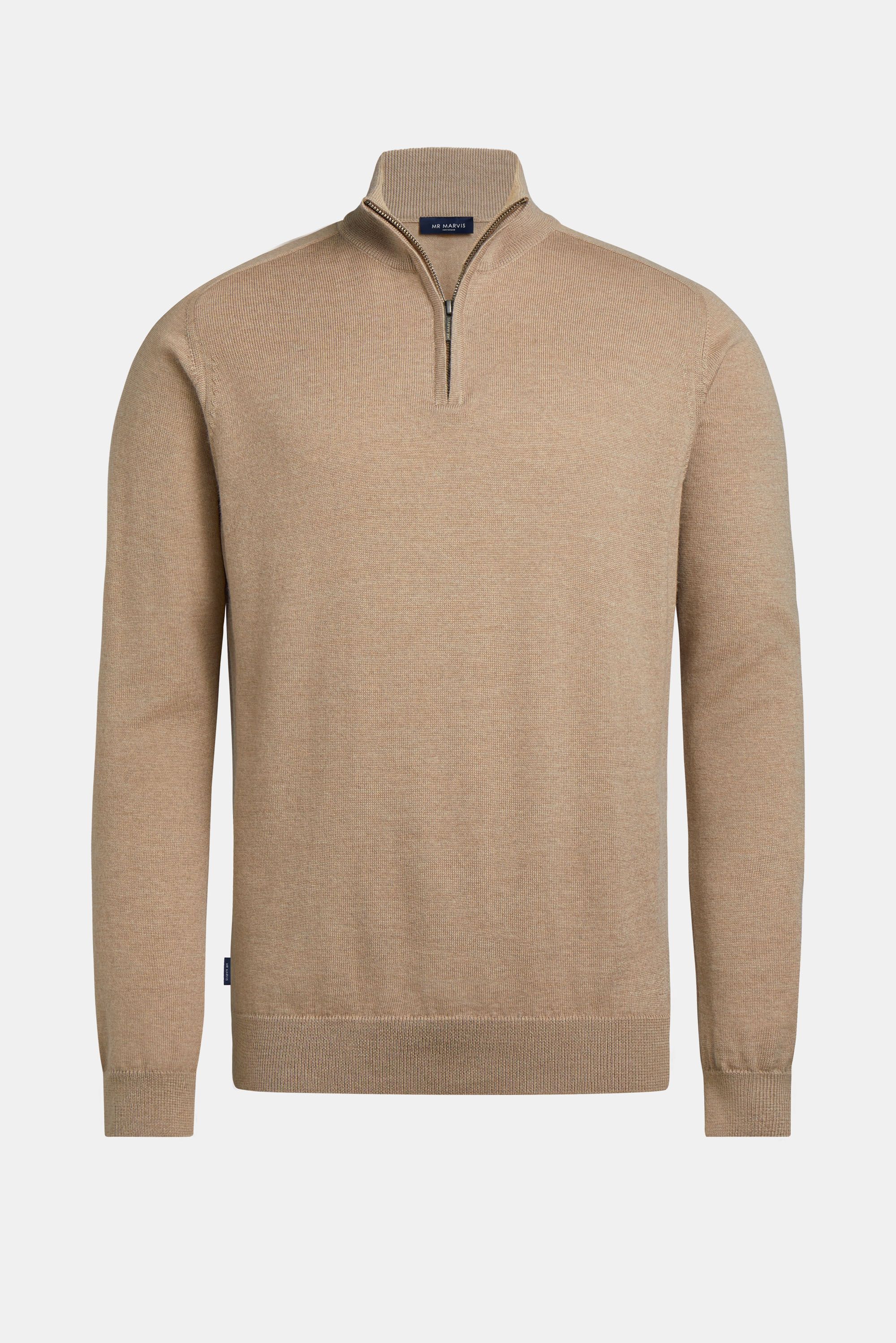 Mens merino wool pullover with half zip in dark sand