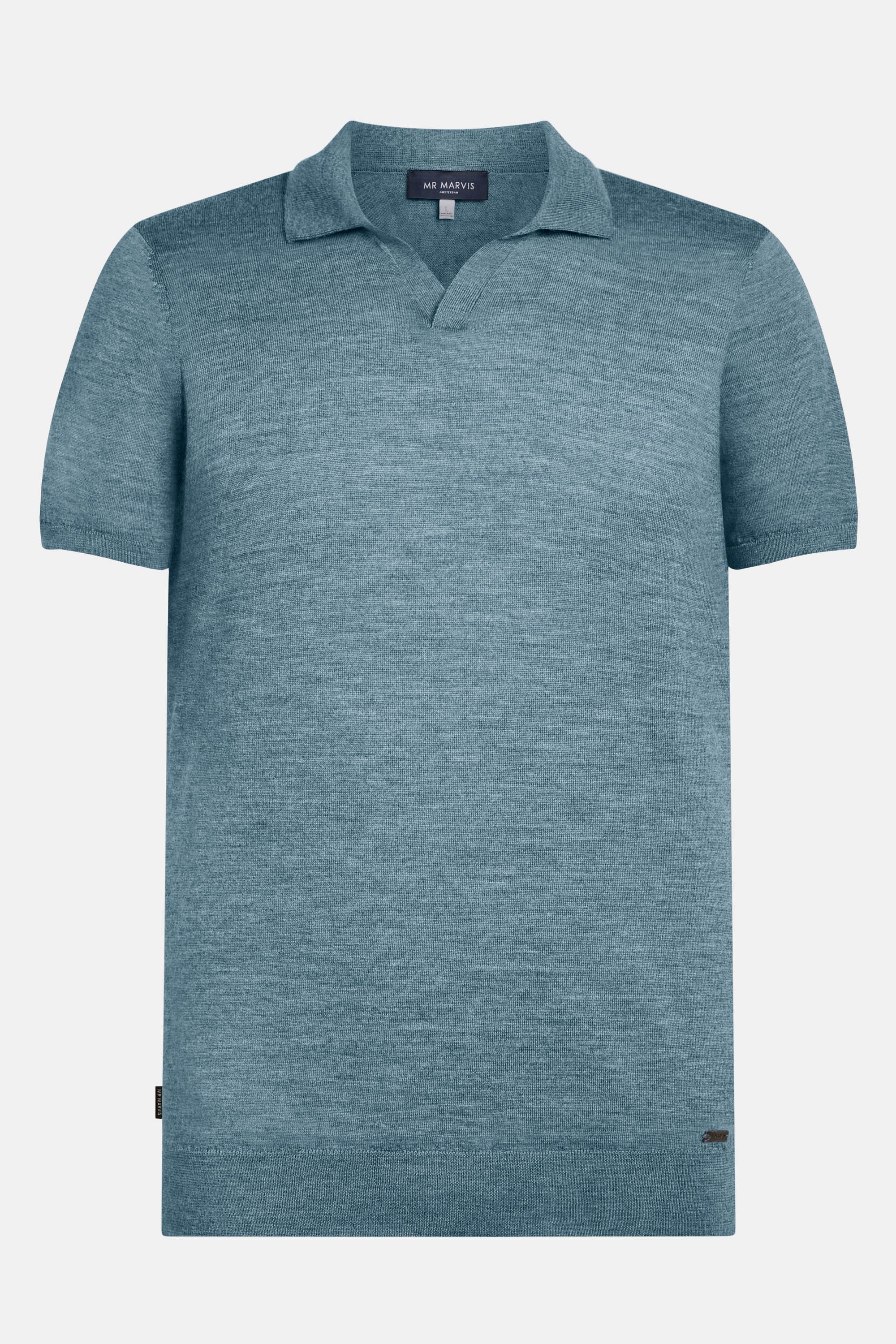 Mens buttonless polo from lightweight merino wool in blue green