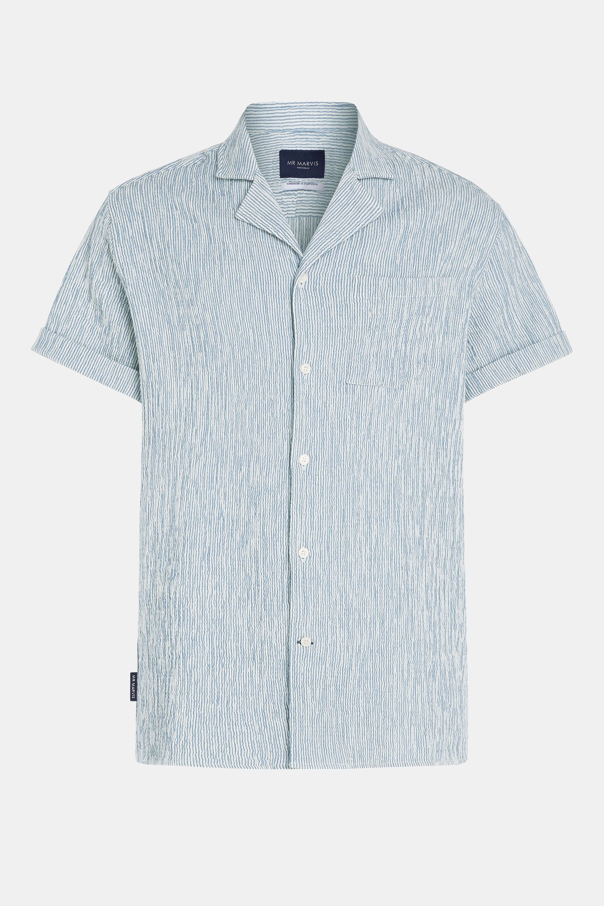 Mens short sleeve shirt with relaxed fit in blue & white finely striped