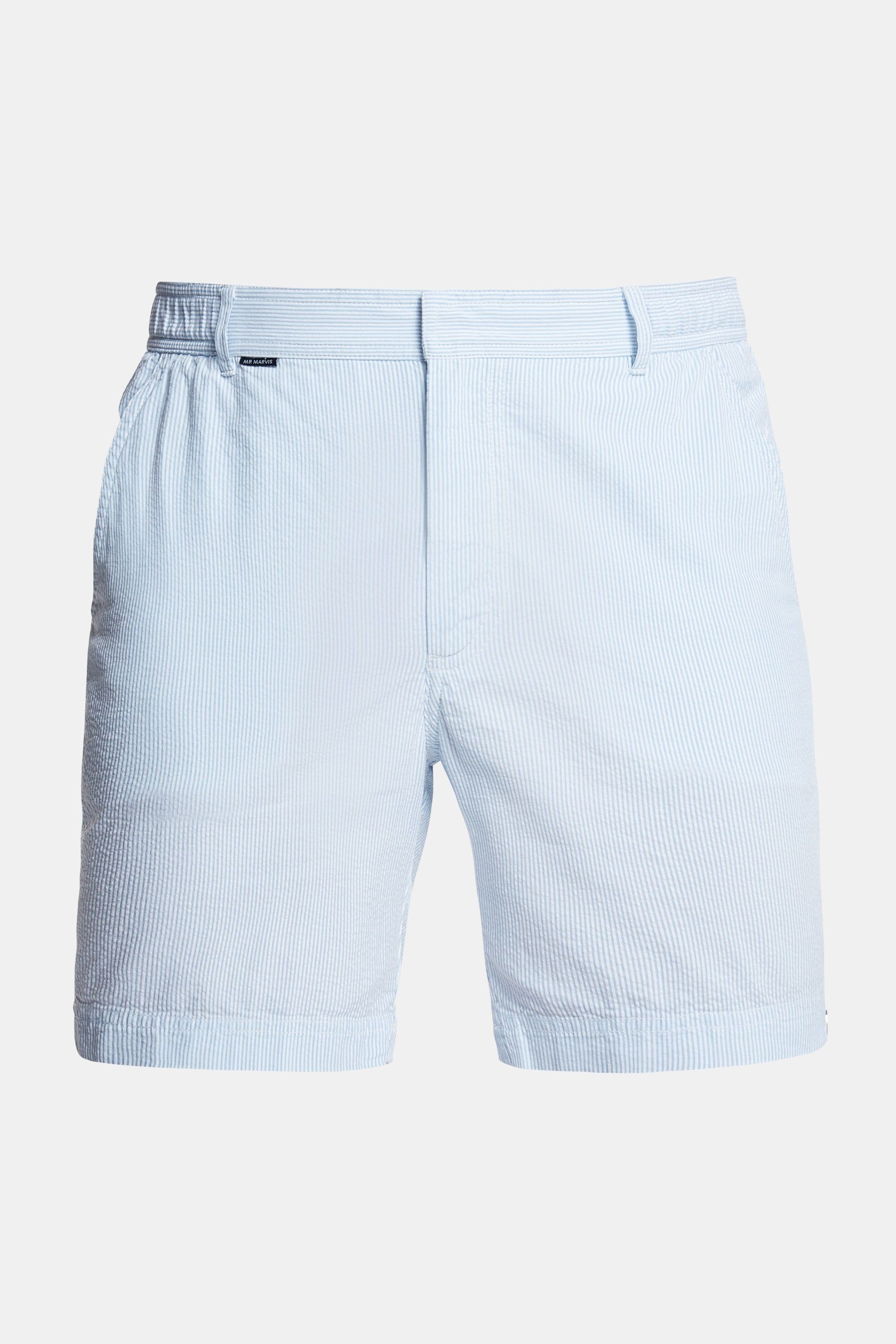 Mens seersucker shorts in light blue & white striped