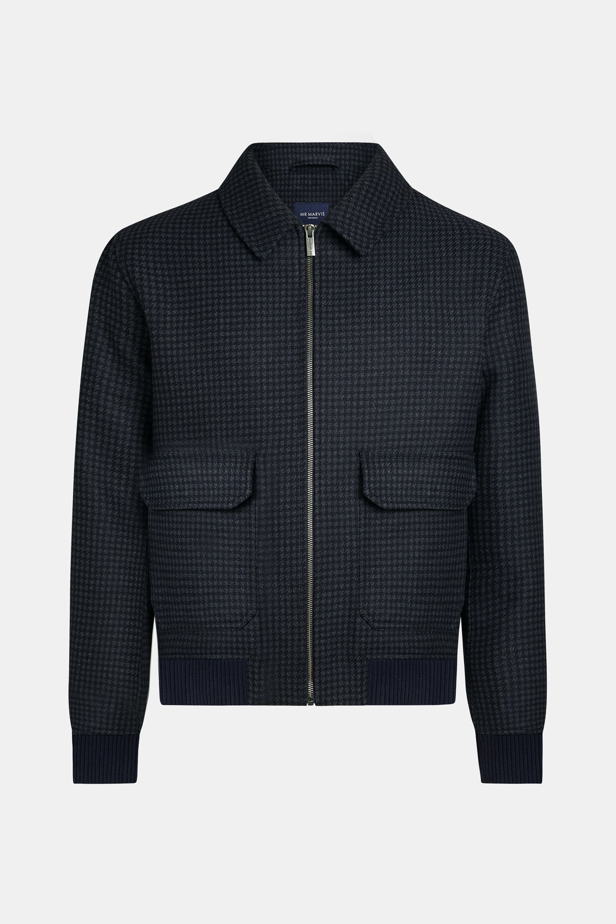 Heren aviator jas van katoen en wol in donkerblauw-grijs pied-de-poule patroon