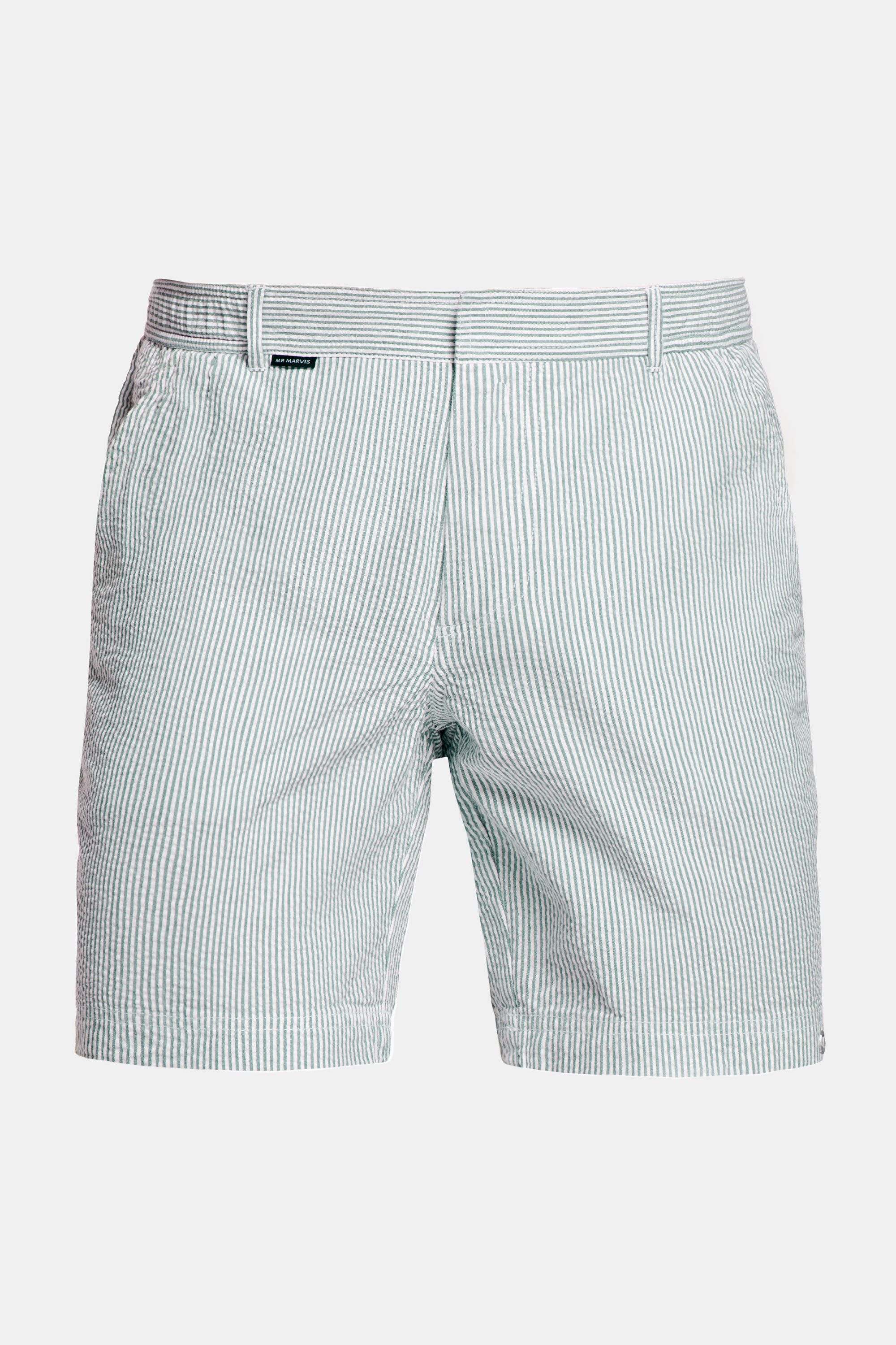 Mens seersucker shorts in dark green & white striped
