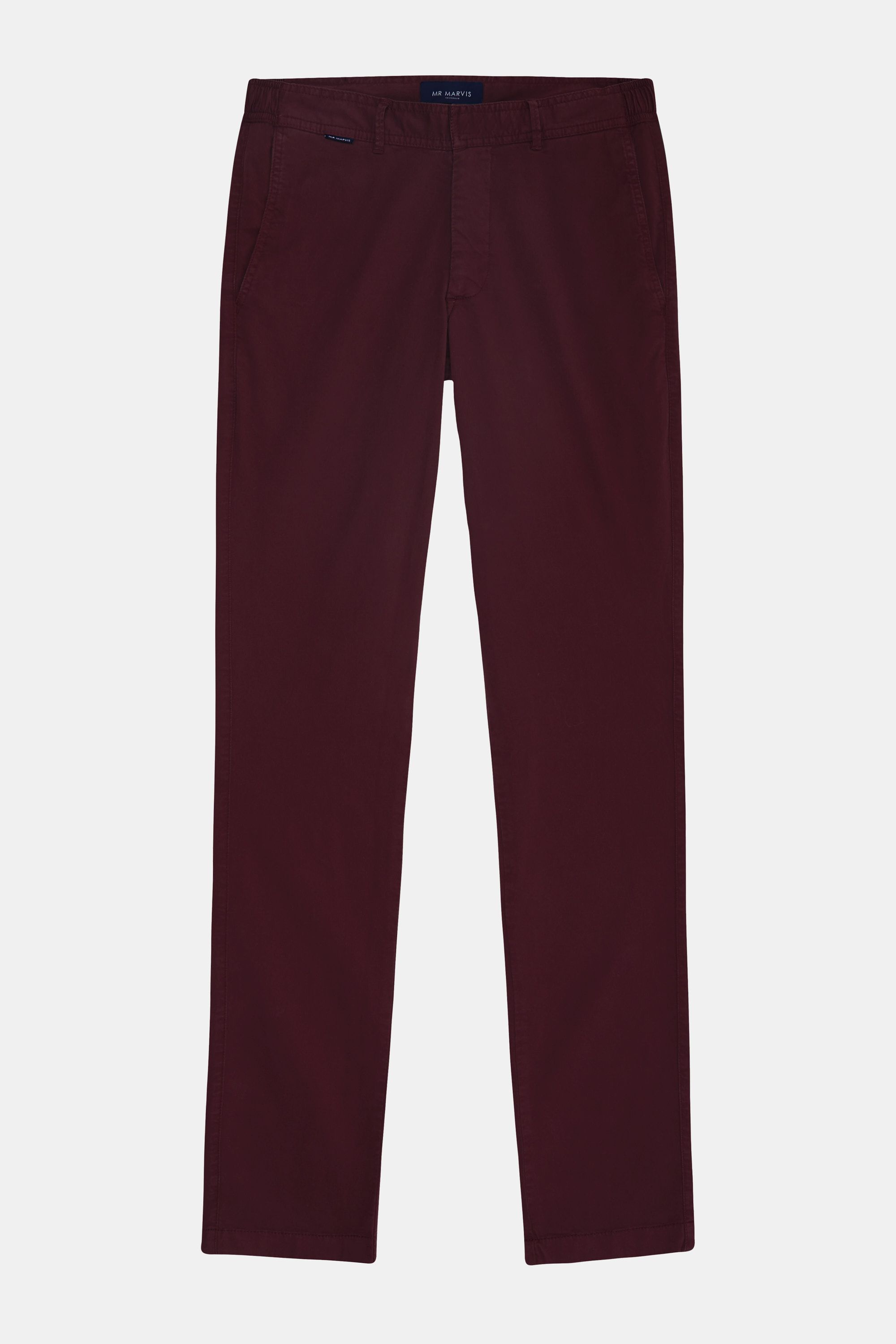 Mens stretch chinos with tailored fit in dark burgundy