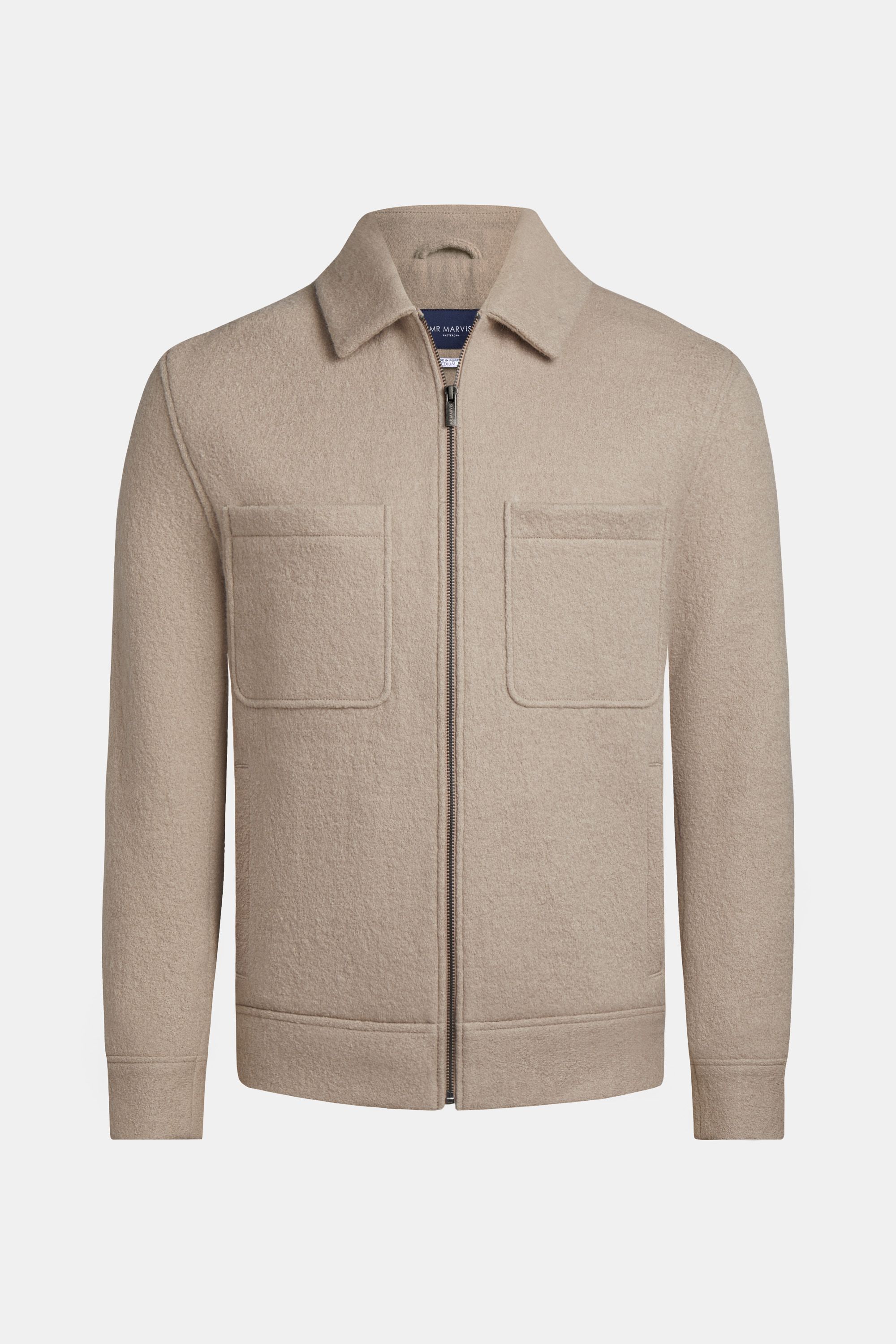 Mens wool jacket with zipper in dark sand