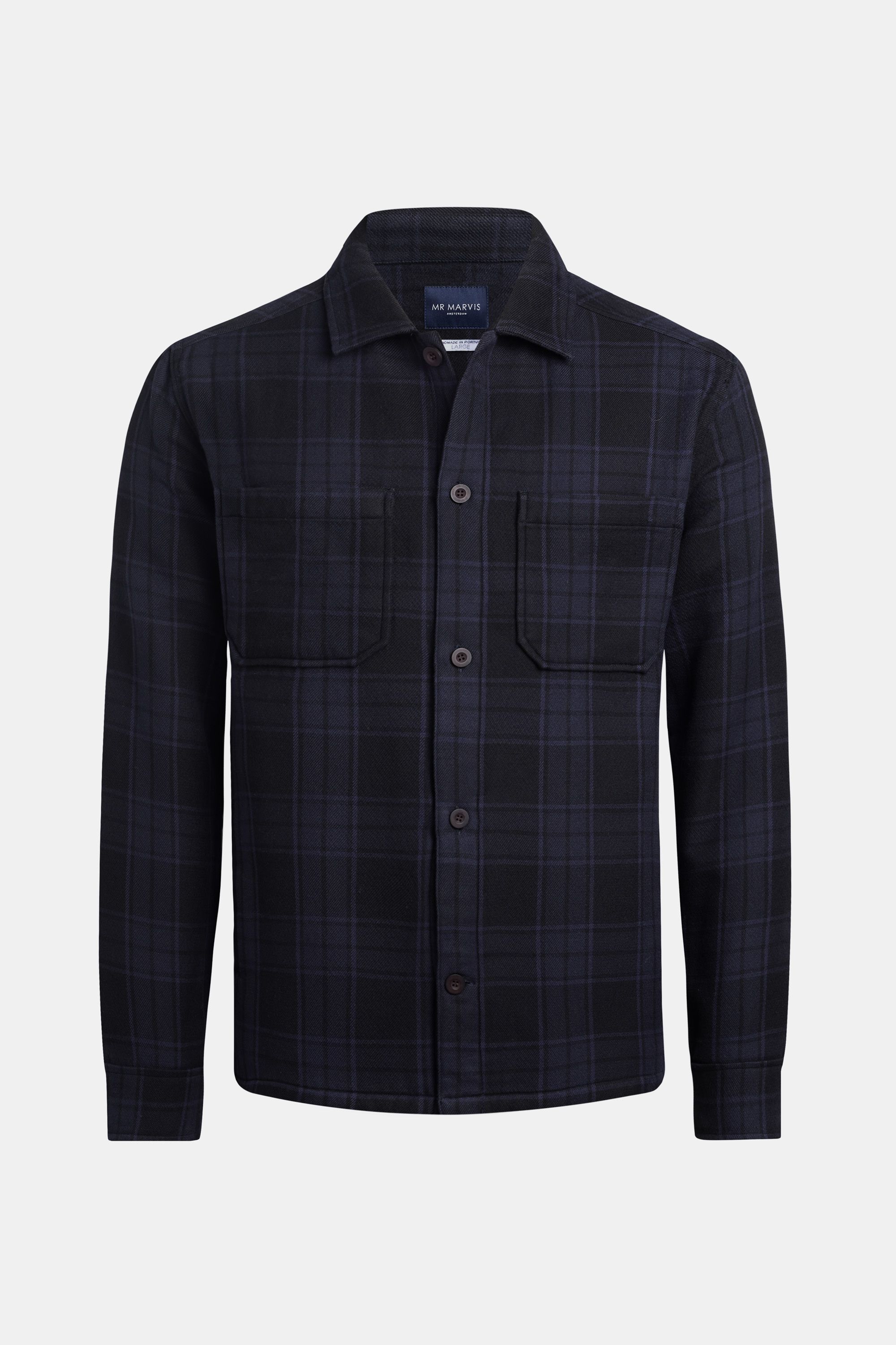 Heren shacket met knoopsluiting in zwart-navy plaid