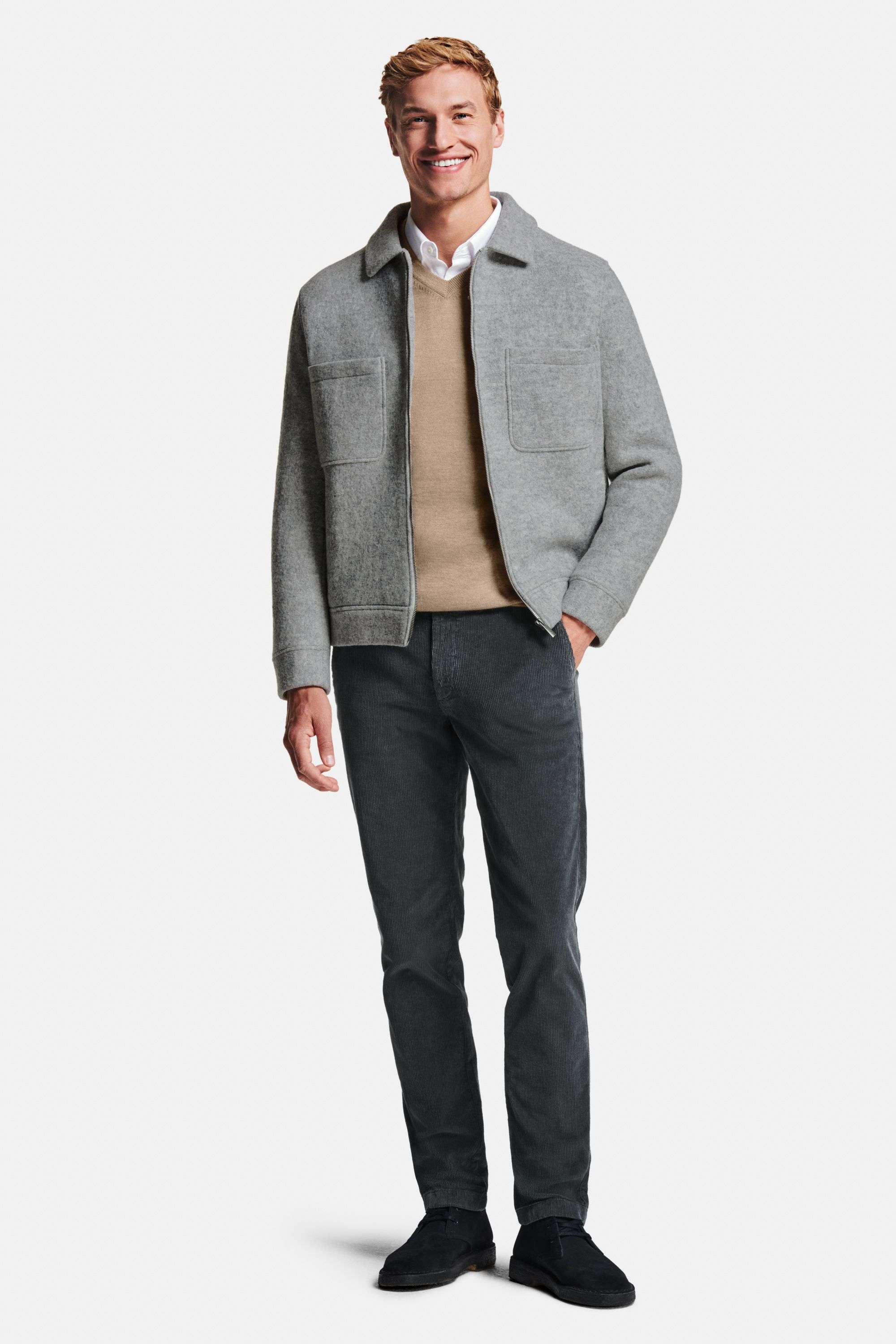 Mayfairs * The Smart Shirt, Baristas * The Merino V-neck, Oysters * The Wool Zip Shacket, Storms * The Cords