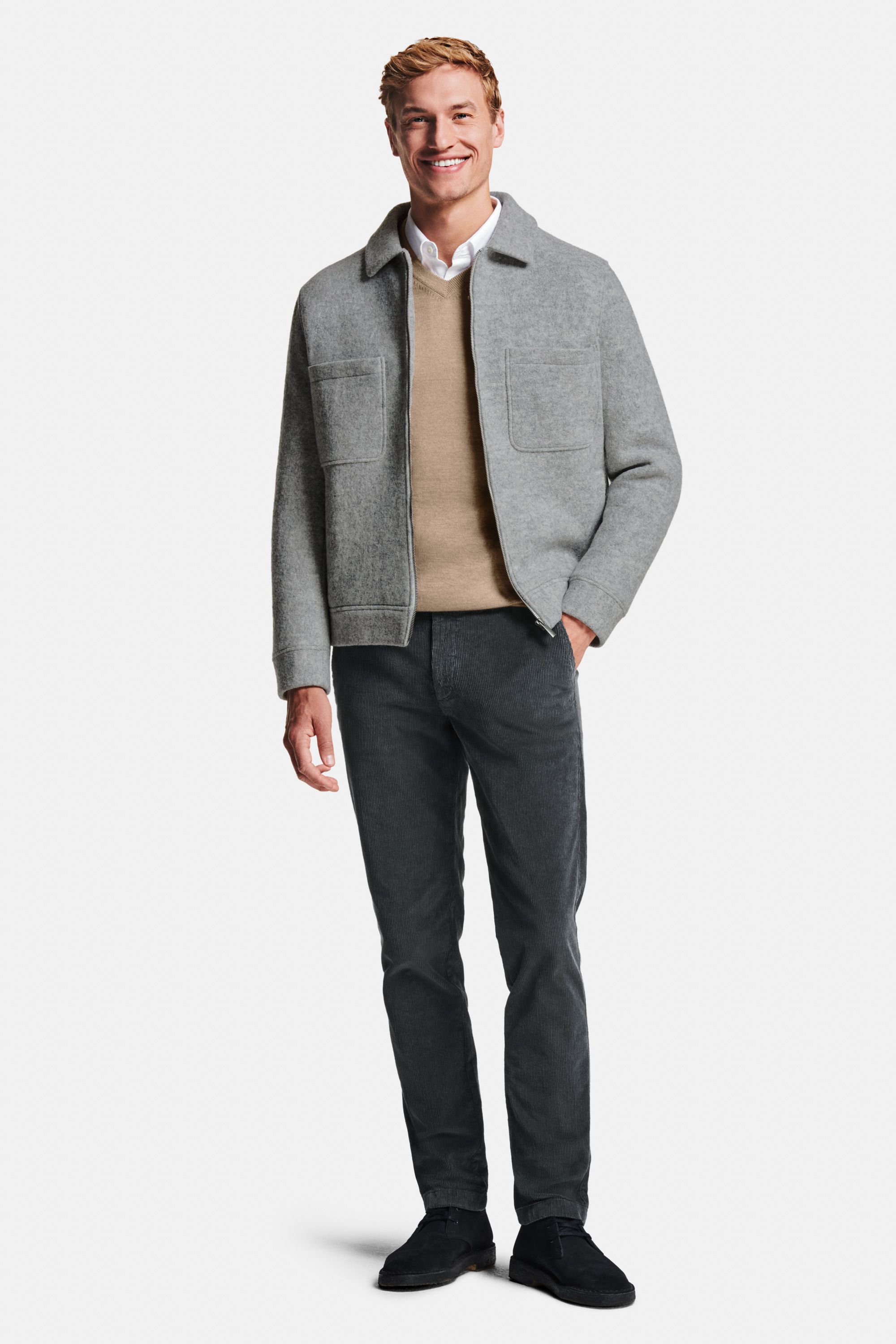 Mayfairs * The Smart Shirt, Baristas * The Merino V-neck, Oysters * The Wool Zip Shacket, Storms * The Cords