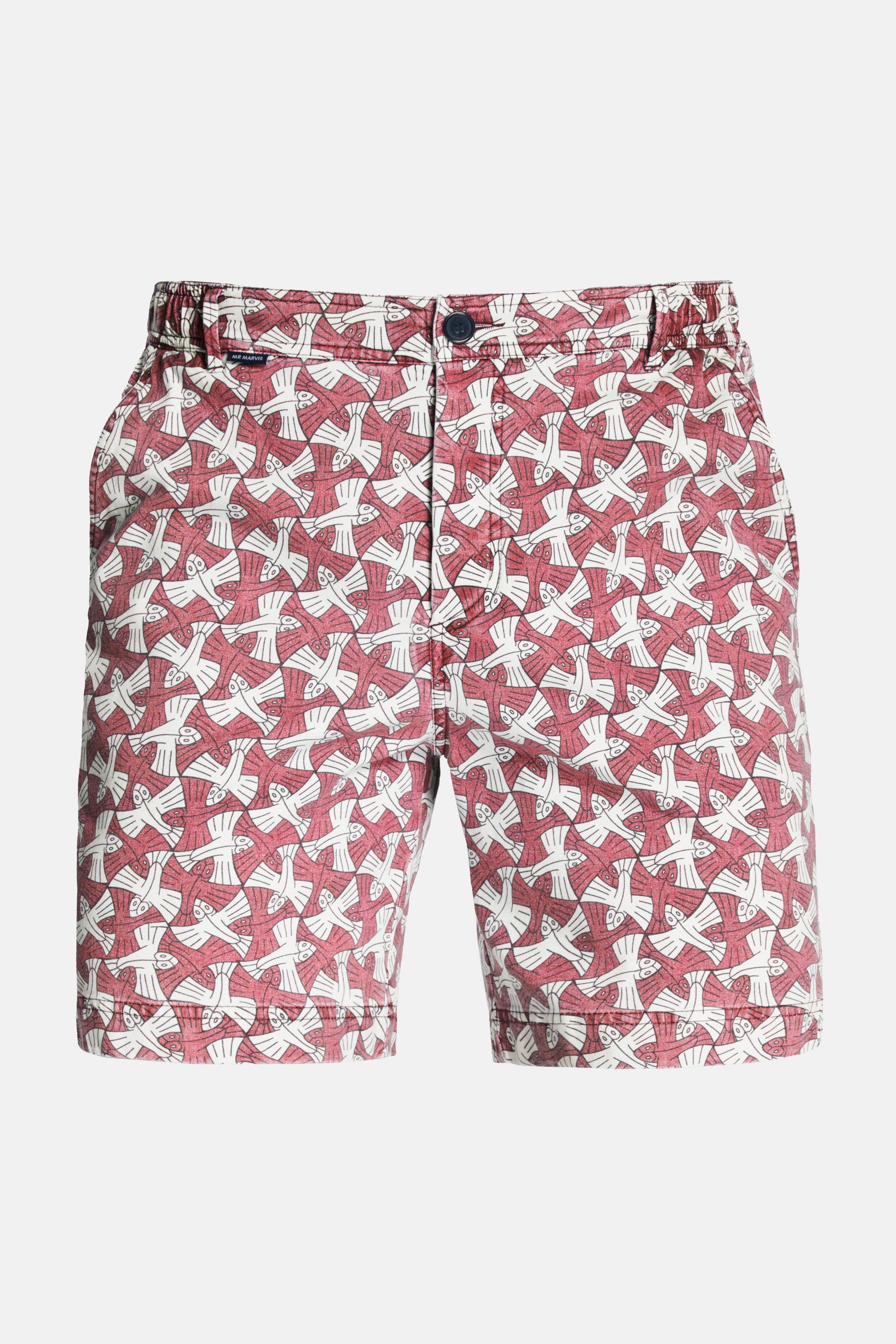Herren Stretch-Shorts mit rotem Escher-Vogelprint