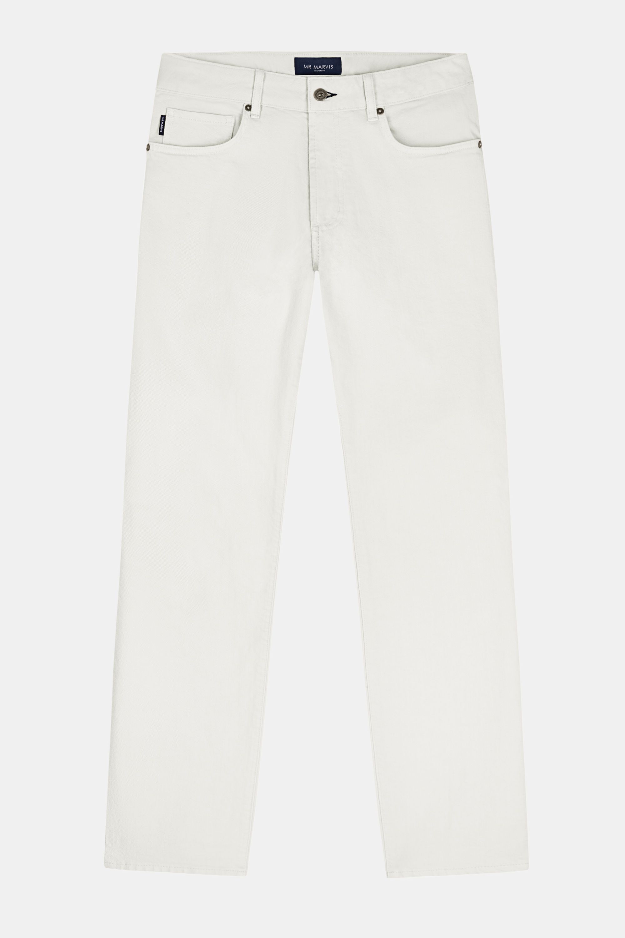 Pantalon en jean coloré coupe droite pour homme avec braguette à boutons, couleur blanc cassé.