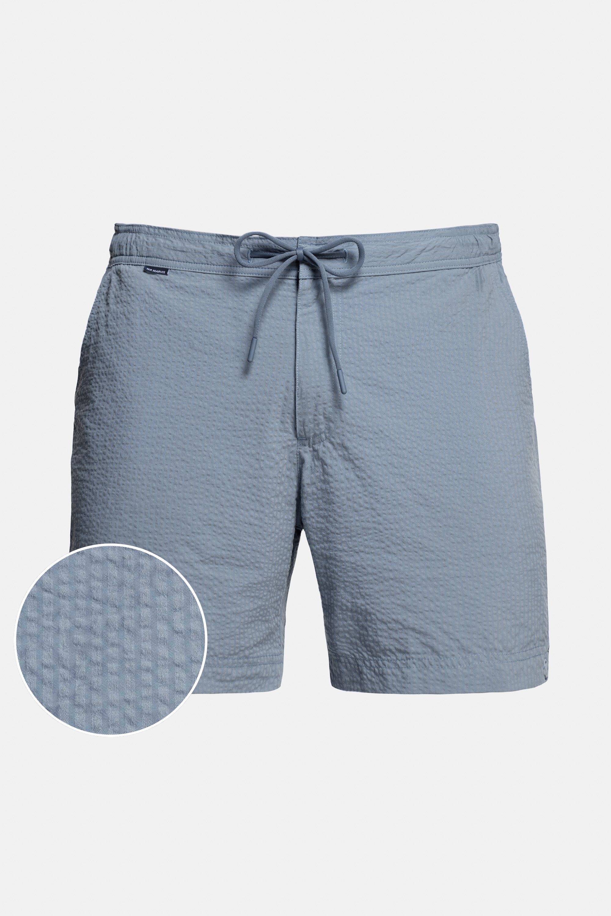 Mens seersucker swim shorts in light grey blue